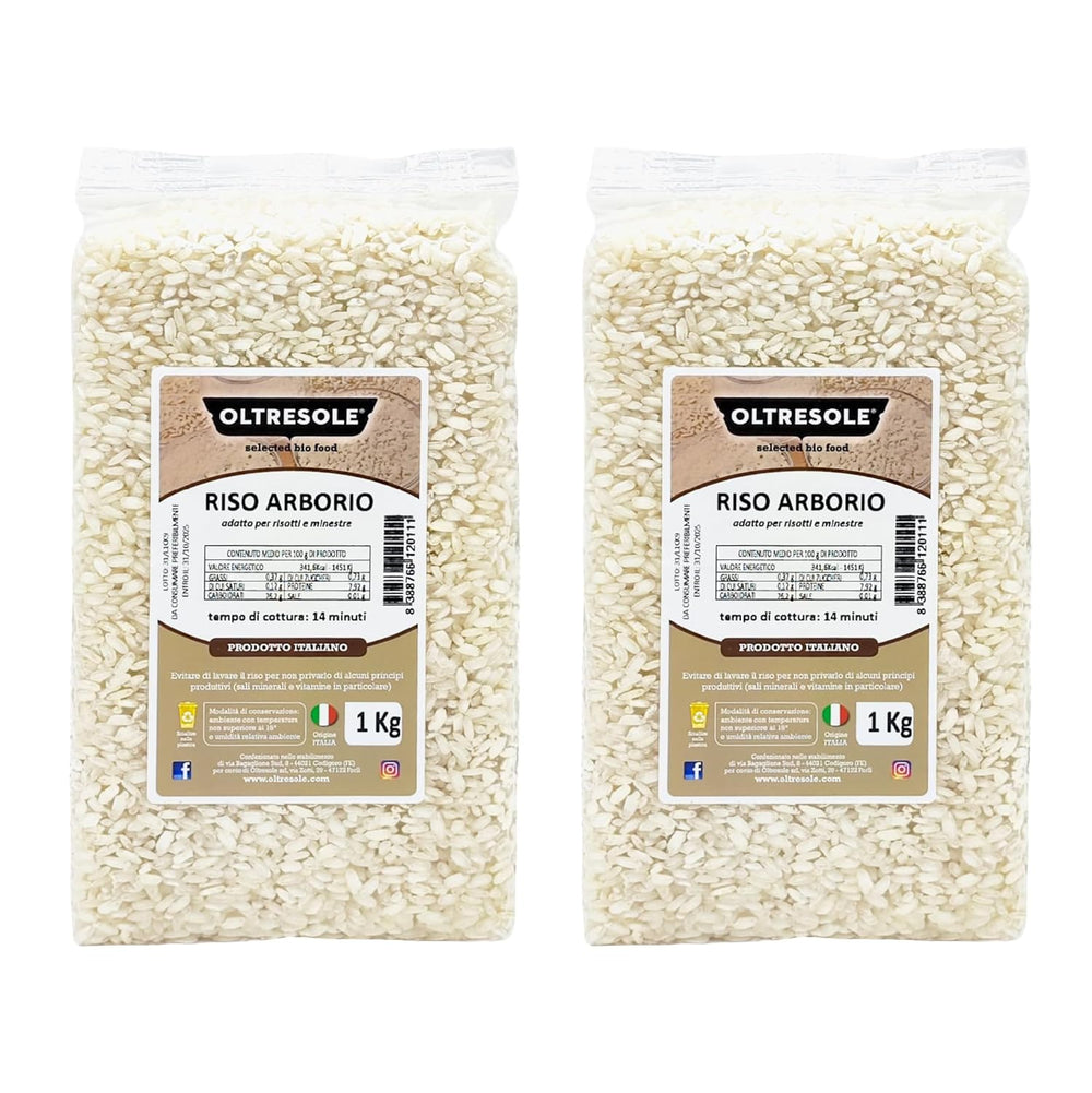 Arroz Arborio Italiano Artesanal, arroz de grano grande y con almidón, ideal para sopas, risottos y ensaladas de arroz, envasado al vacío en 2 bolsas de 1kg