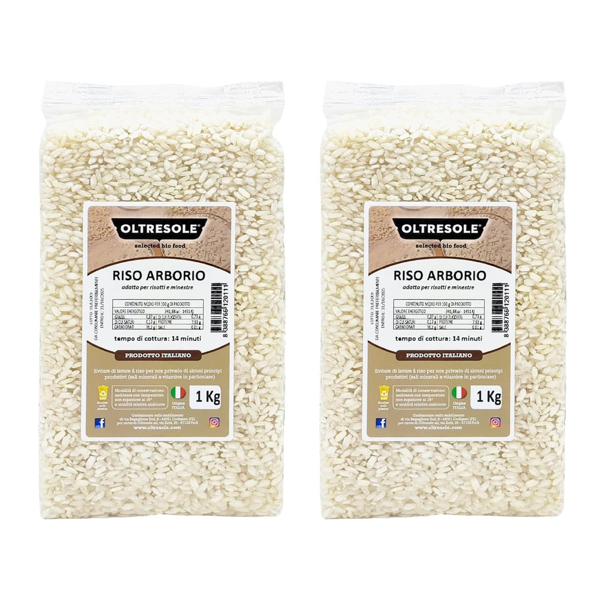 Arroz Arborio Italiano Artesanal, arroz de grano grande y con almidón, ideal para sopas, risottos y ensaladas de arroz, envasado al vacío en 2 bolsas de 1kg