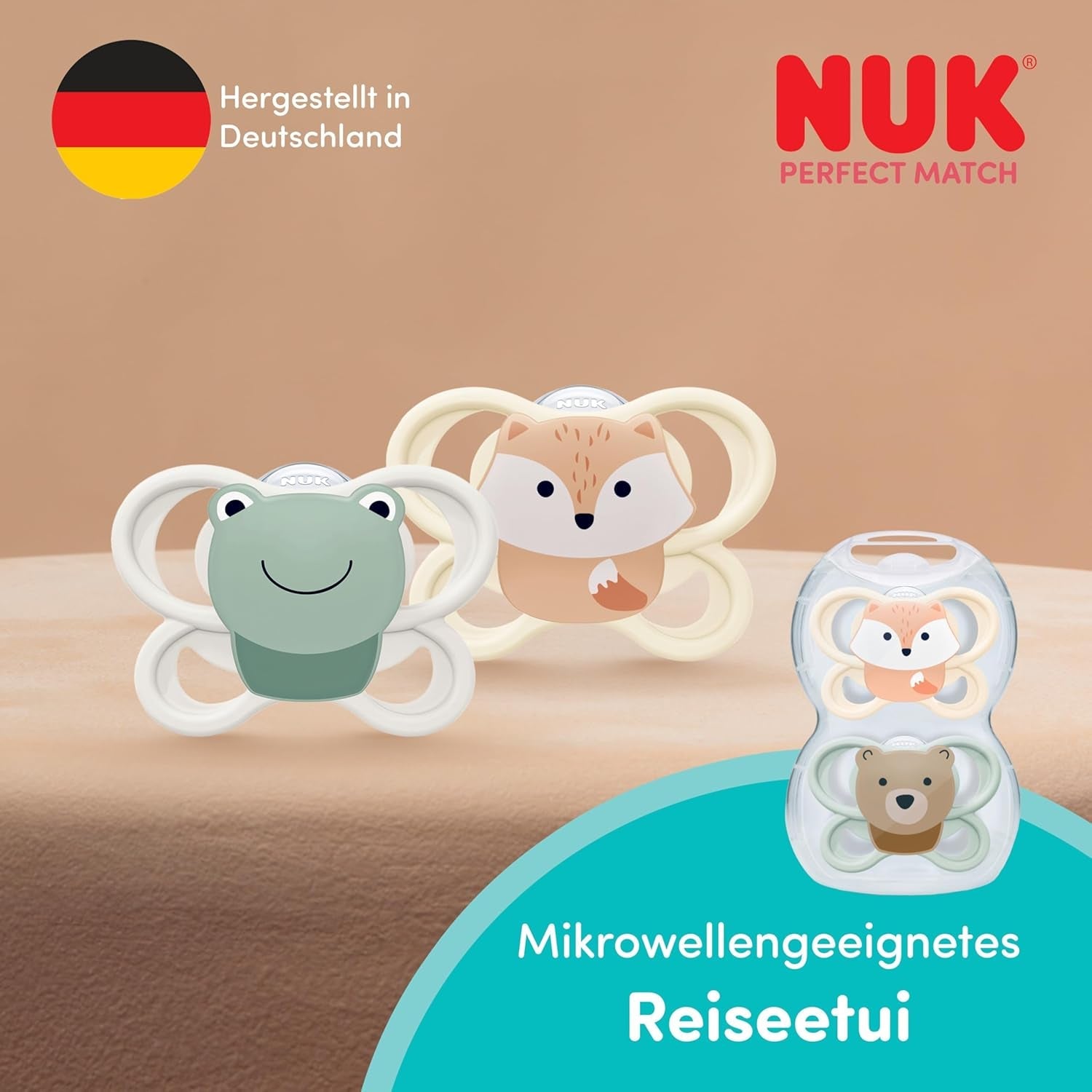 Suzete NUK Perfect Match Air pentru bebeluși | 0-6 luni | Suzete ortodontice care promovează circulația aerului și previn erupțiile salivare | Acceptare 95% de către bebeluși** | Vulpe/Ursuleț | Pachet de 2
