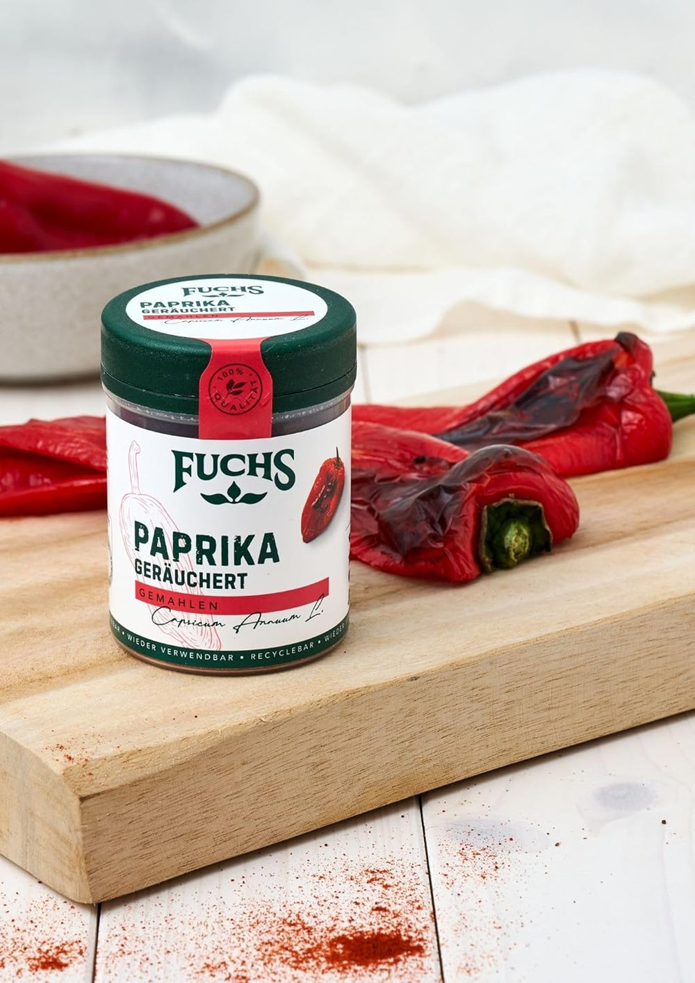 Fuchs Gewürze - Paprika geräuchert gemahlen - rauchiger Gesmack für BBQ, Gulasch oder Tofu - ingredientes naturales - 60 g en wiederverwendbarer, recyclebarer Dosis