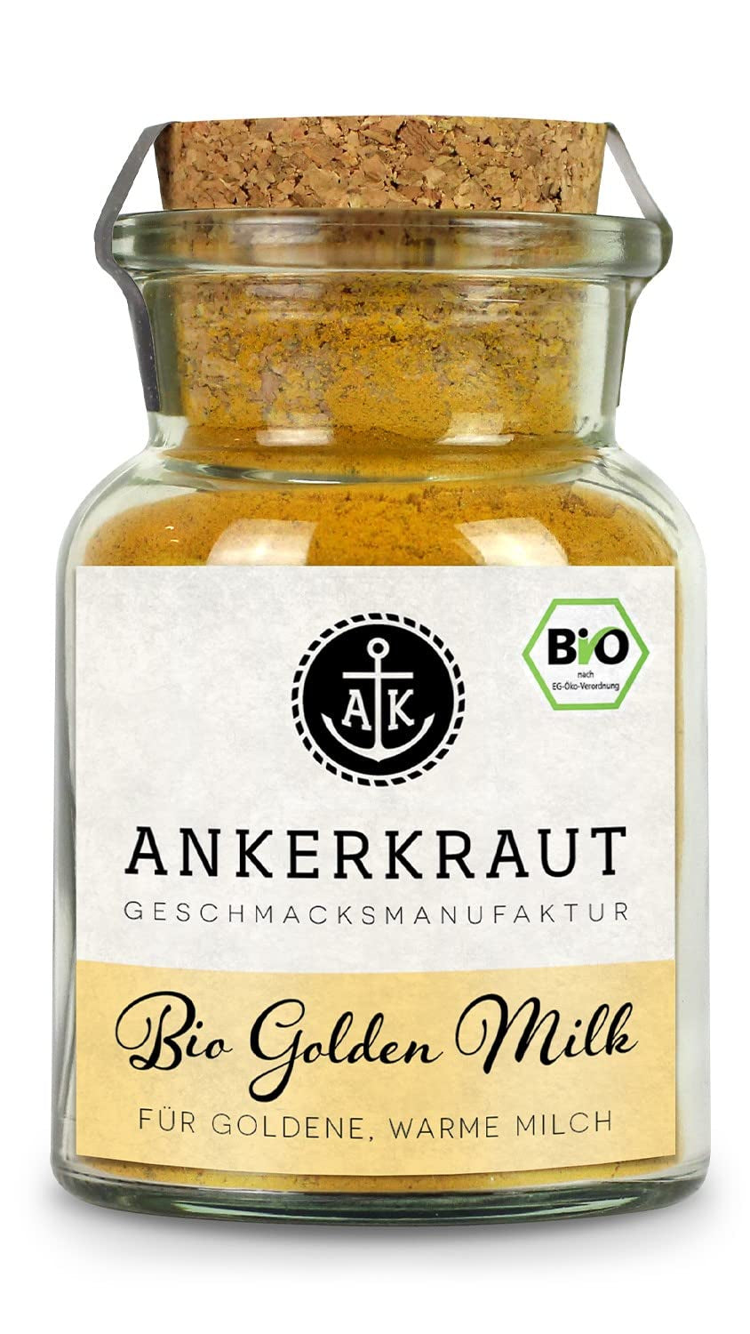 Ankerkraut Bio Golden Milk, Gewürz für goldene Milch, con cúrcuma, Zimt und Ingwer, 75 g en vaso con corcho