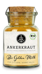 Ankerkraut Bio Golden Milk, Gewürz für goldene Milch, con cúrcuma, Zimt und Ingwer, 75 g en vaso con corcho