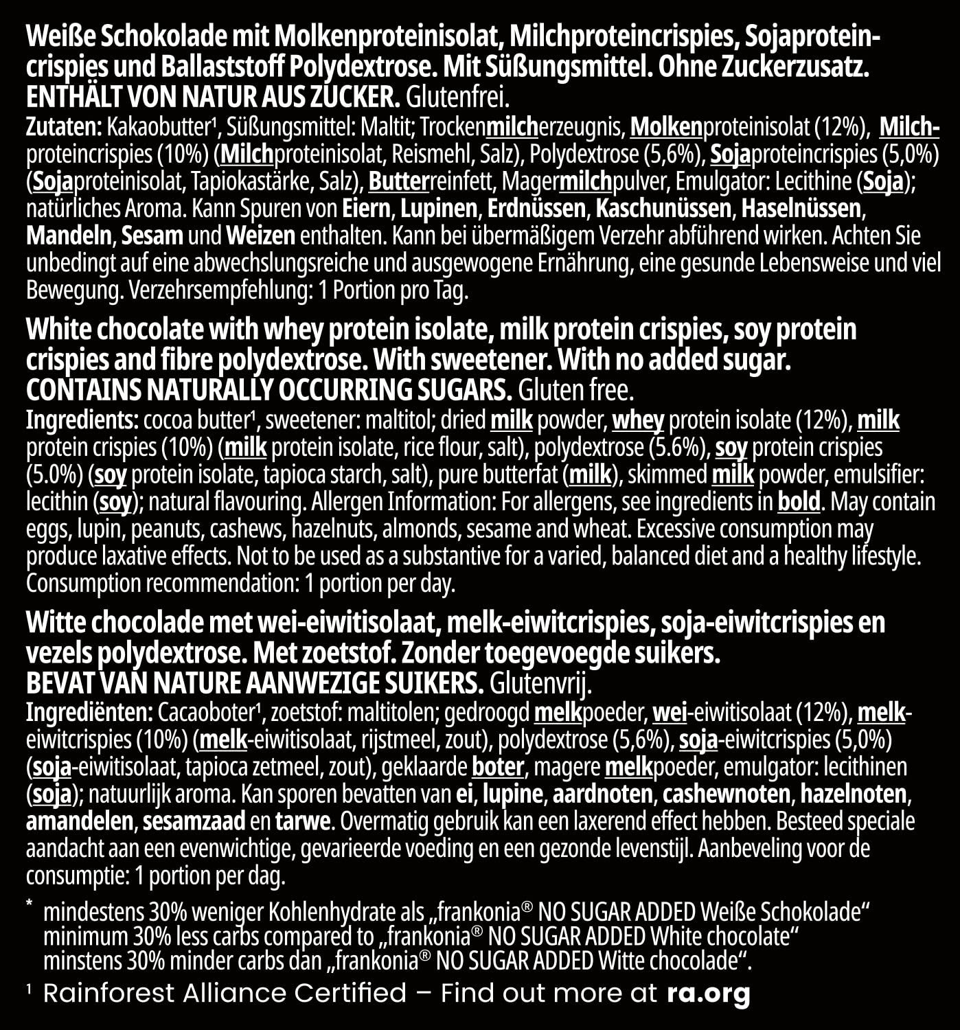 frankonia CHOCOLAT POWER MOTION sin azúcares añadidos - Chocolate blanco crujiente con alto contenido en proteínas y bajo en carbohidratos, 90 g