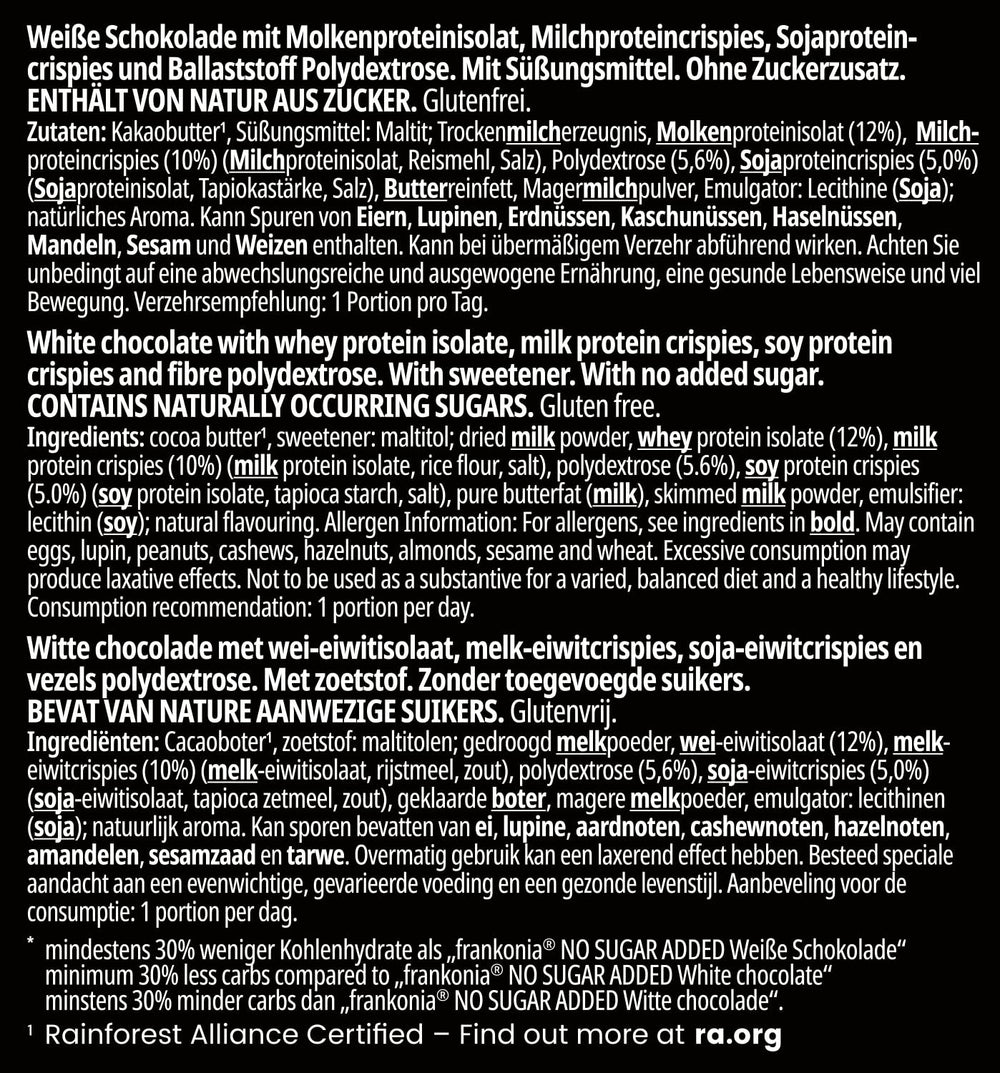 frankonia CHOCOLAT POWER MOTION sin azúcares añadidos - Chocolate blanco crujiente con alto contenido en proteínas y bajo en carbohidratos, 90 g