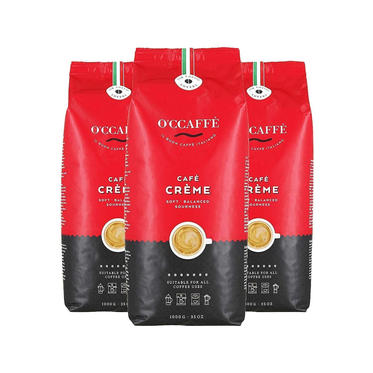 O'CCAFFÈ - Café Crème, boabe de cafea întregi, crema de cafea aromată, cu aciditate scăzută, prăjire foarte lentă în tambur de la o afacere de familie italiană Cafea Naty Shop 3 x 1 Kg Café Crème
