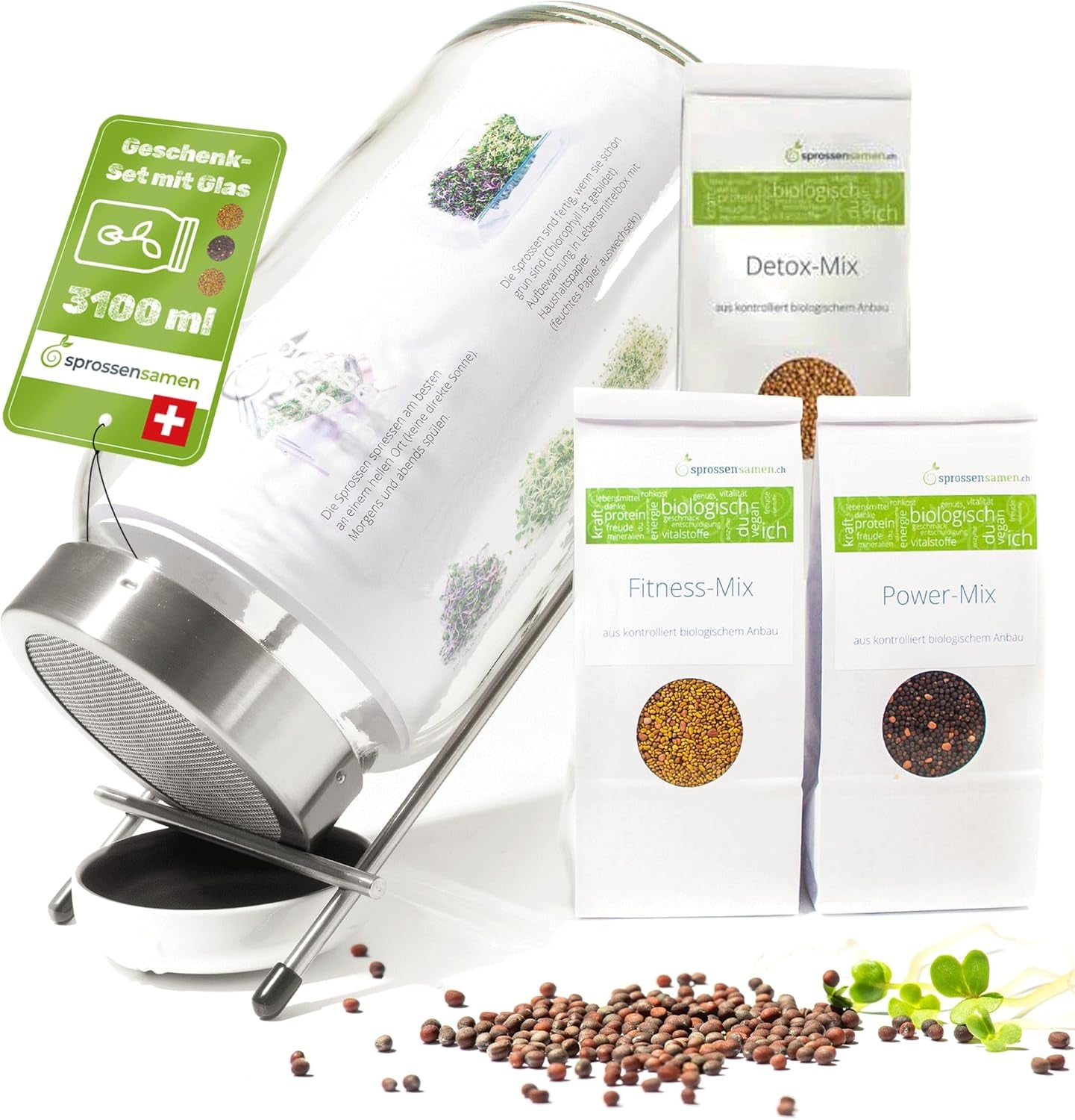 Juego de tarros de germinación de 3100 ml con set de regalo - Organic Fitness Mix, Power Mix y Detox Mix, 75 g cada uno - Tarro de germinación - incl. tapa de frasco, soporte y colador