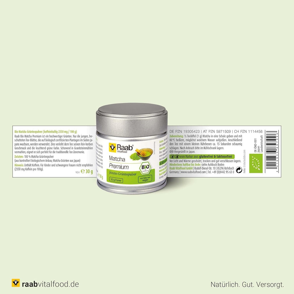 Raab Vitalfood® Pudră Matcha Premium Bio (30 g) - Original din Japonia, pudră Matcha pură fără aditivi, măcinată fin, gust fin-amar, pudră de ceai verde, vegan, ceremonie de ceai