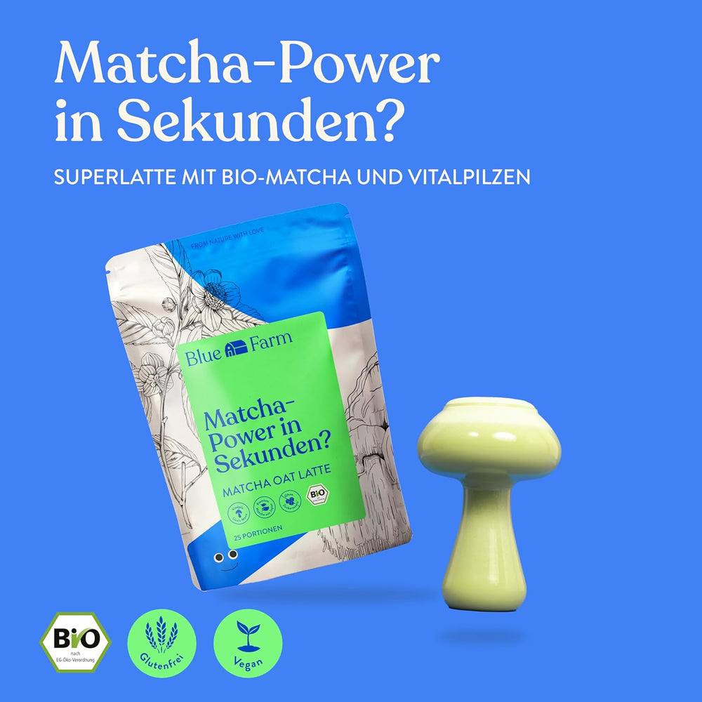 Blue Farm Bio Matcha Oat Latte auf Haferbasis ohne Zuckerzusatz - Mit dem Vitalpilz Lion's Mane - Vegano - sin lactosa y sin gluten (300 g, Matcha)