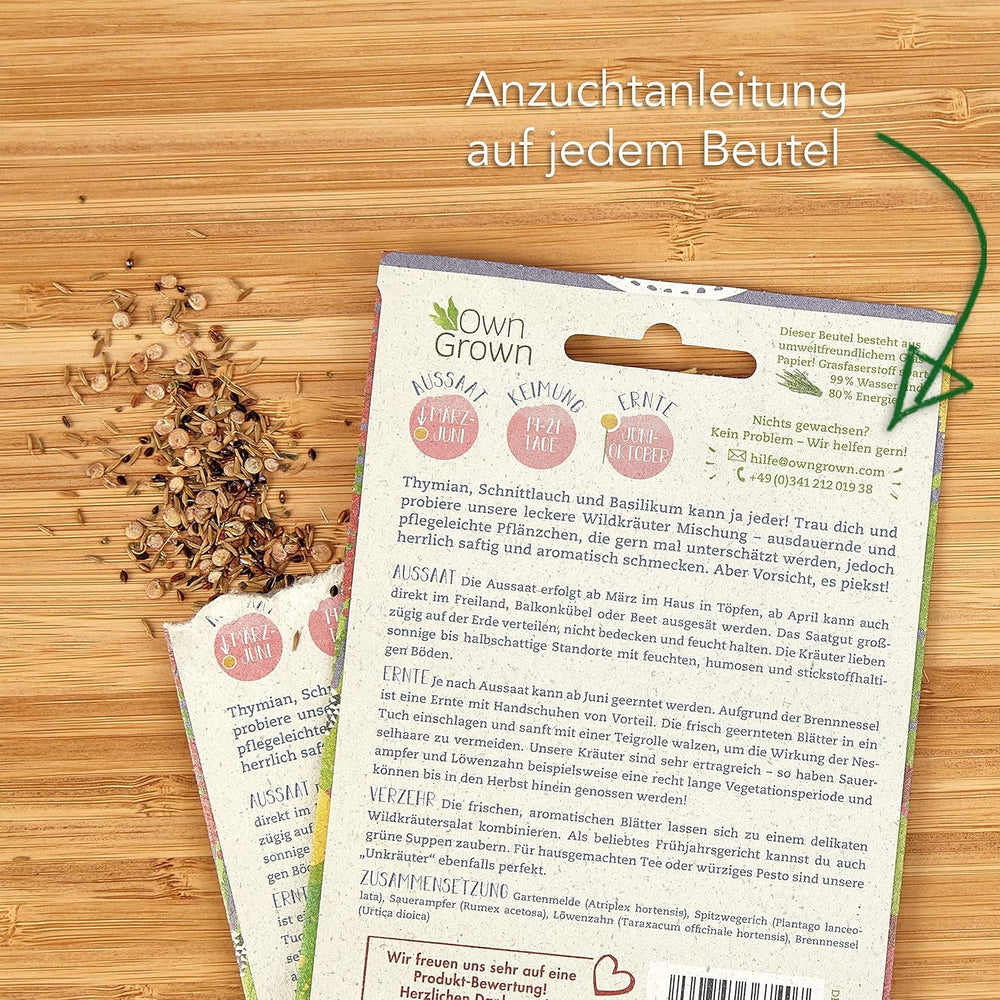 Wildkräuter Samen: Bunte Premium Kräuter Samen Mischung mit Löwenzahn Samen, Sauerampfer, Spitzwegerich uvm – Unkraut Samen Mix für Garten, Balkon – Kräuter Pflanzen Saatgut alte Sorten von OwnGrown