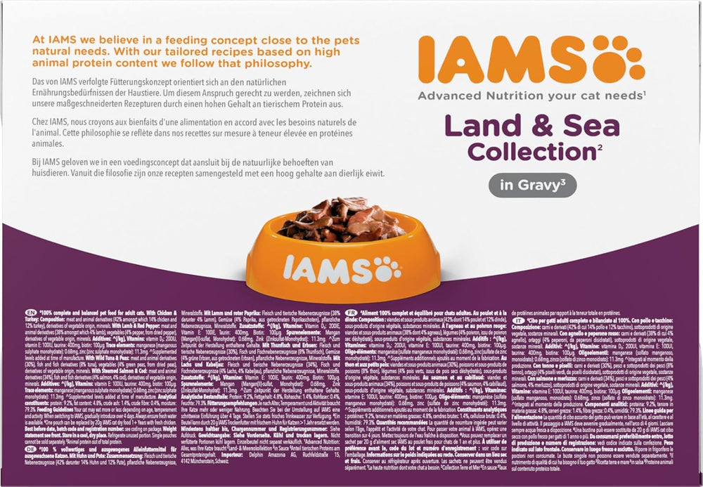 IAMS Delights Land & Sea Collection Hrană umedă pentru pisici - Pachet multiplu cu sortimente de carne și pește în sos, hrană umedă pentru pisici de la 1 an, 12 x 85 g