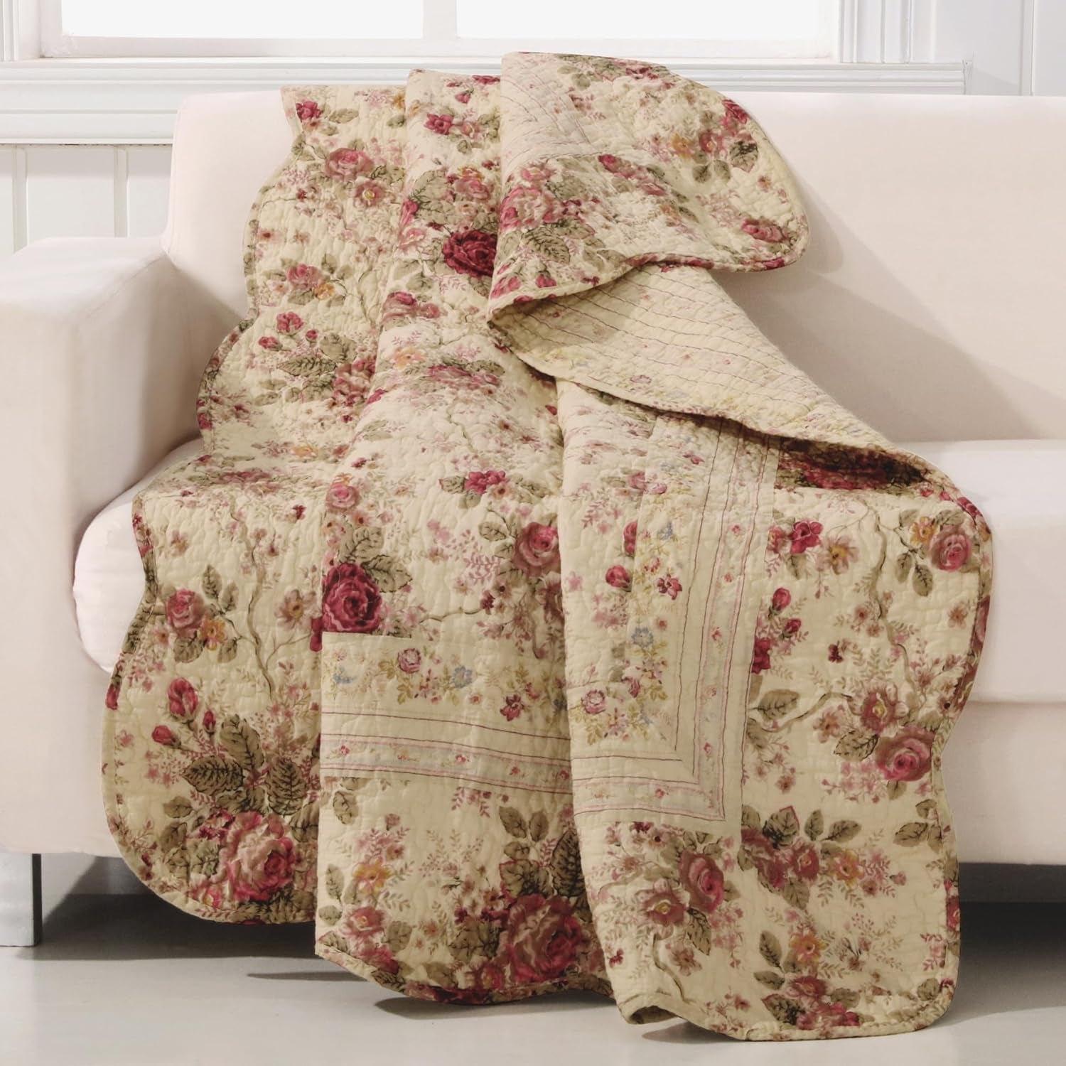 Greenland Home Antique Rose - model floral clasic, tradițional - 100% bumbac, matlasată, pătură de aruncat, 127 X 152,4 cm, ecru Paturi si Cuverturi Greenland Home Fashions