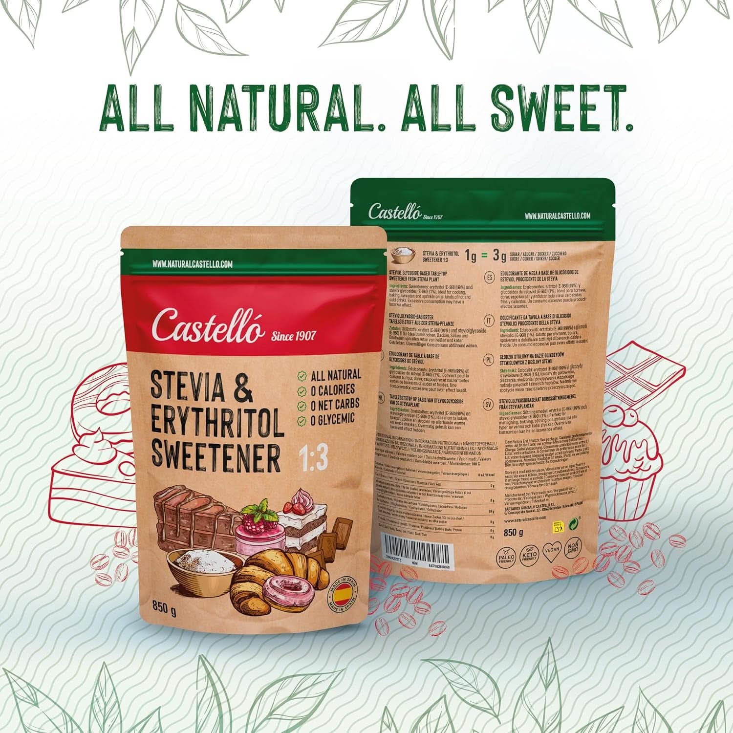 Stevia + Eritritol Edulcorante 1:3, 1G = 3G Azúcar, 850 gramos Edulcorantes Naty Shop