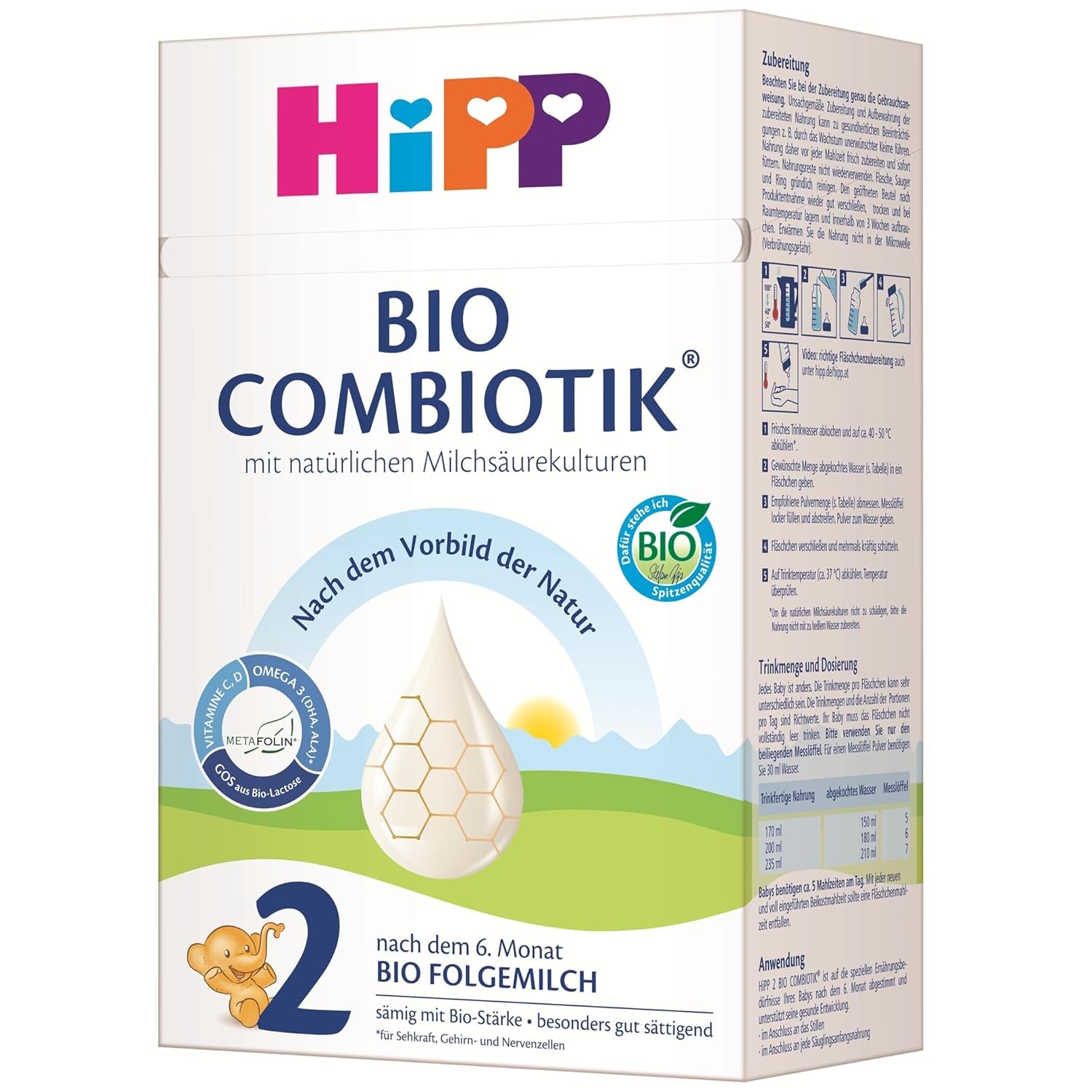 HiPP 2 Organic Combiotik (4 x 600g), leche de continuación a partir de los 6 meses, con almidón, cultivos naturales de ácido láctico, GOS, Omega-3 (DHA, ALA), de la mejor calidad biológica