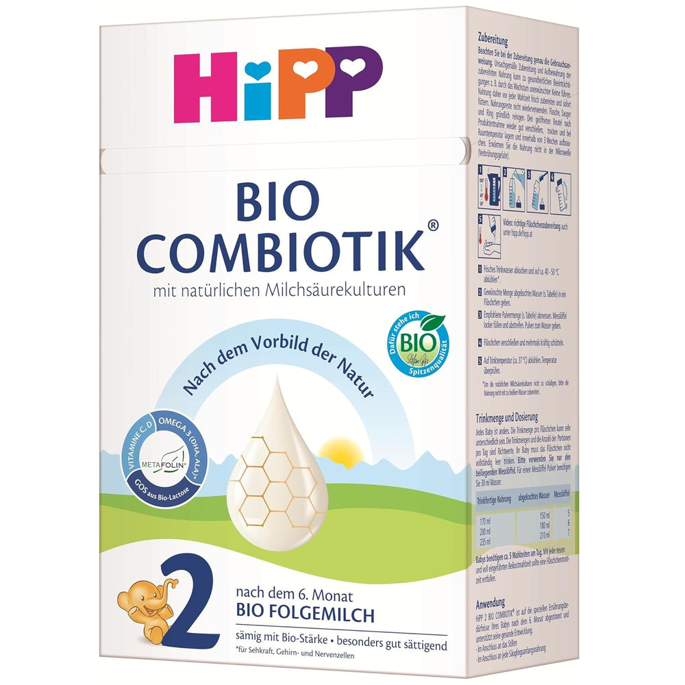 HiPP 2 Organic Combiotik (4 x 600g), leche de continuación a partir de los 6 meses, con almidón, cultivos naturales de ácido láctico, GOS, Omega-3 (DHA, ALA), de la mejor calidad biológica