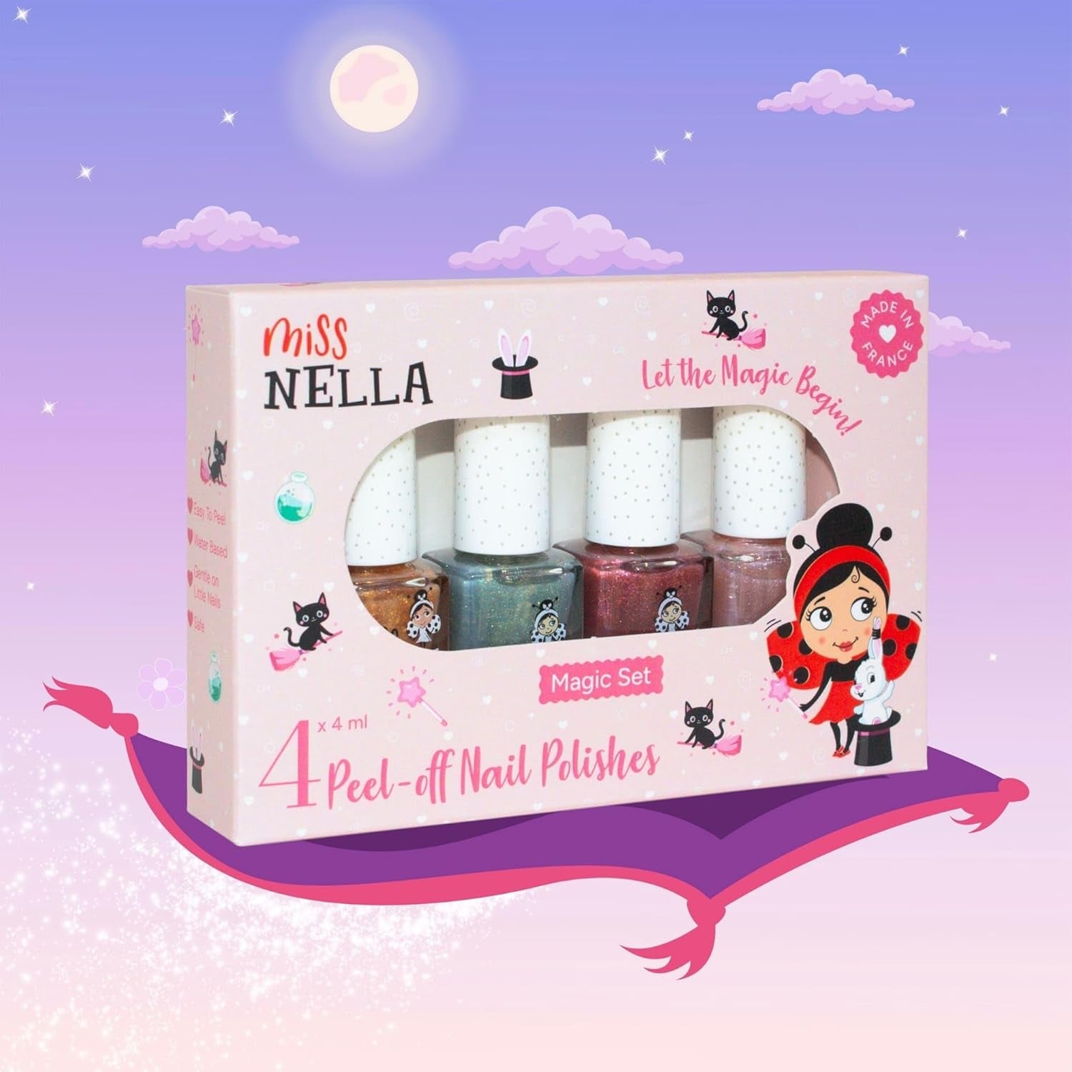 Miss Nella Magic Collection Juego de 4 esmaltes de uñas con purpurina: rosa, rojo, dorado y azul, esmalte de uñas extraíble especial para niños, no tóxico, a base de agua, inodoro