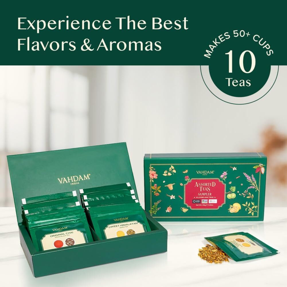 VAHDAM, set cadou cu sortimente de ceai - set de 10 ceaiuri | Ingrediente 100% naturale | Set cadou cu ceai vrac | Ceai negru, ceai verde, ceai Oolong, ceai Chai, ceai alb | Ceai vrac | Set cadou cu set de ceaiuri de probă