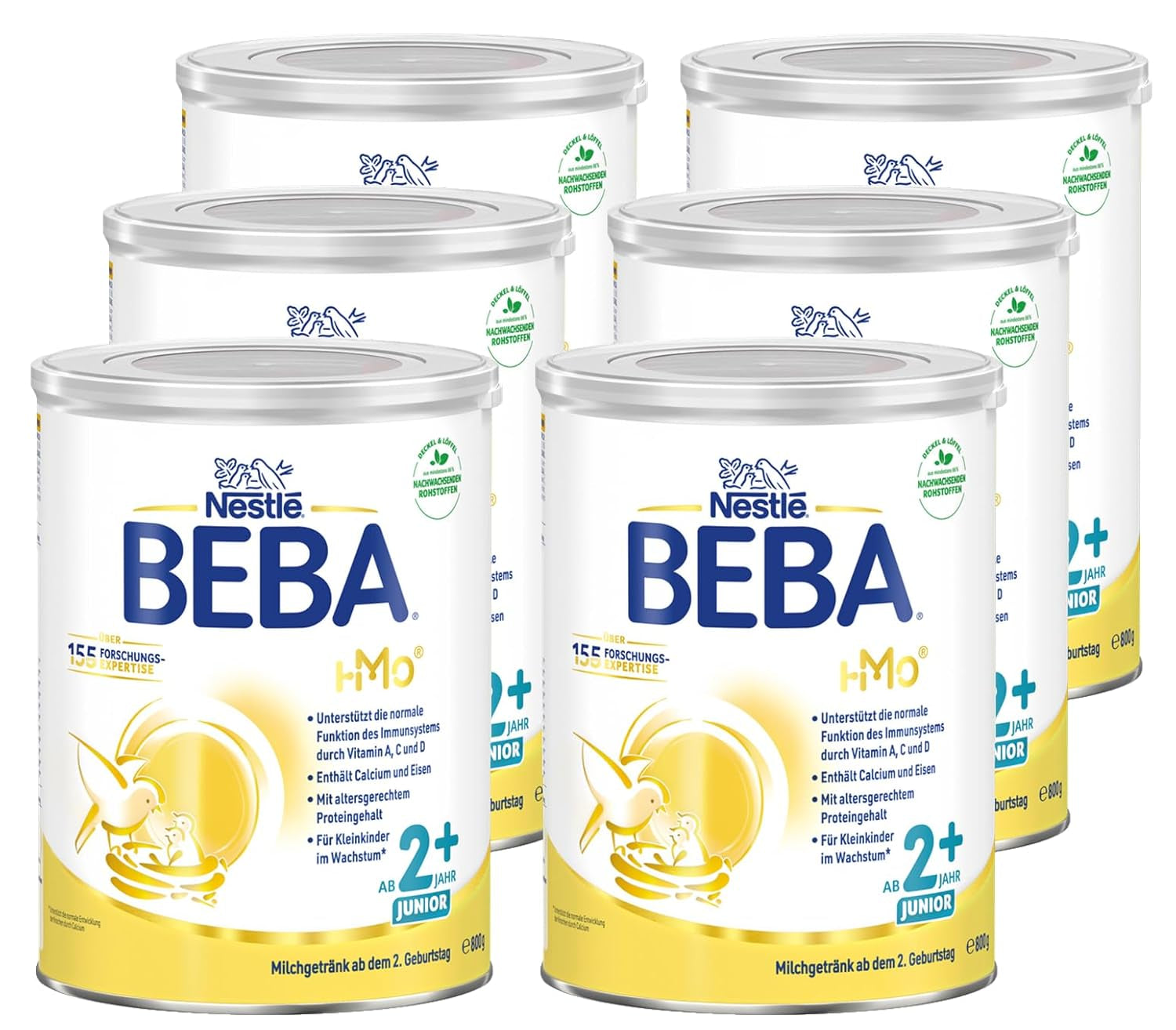 BEBA Junior 2+ bebida láctea a partir de 2 años, Con HMO, Contenido de proteínas apropiado para la edad, Solo lactosa, Sin aceite de palma, Sin aceite de pescado, Comida para niños pequeños, Leche en polvo para bebés, Paquete de 6 (6 x 800 g)