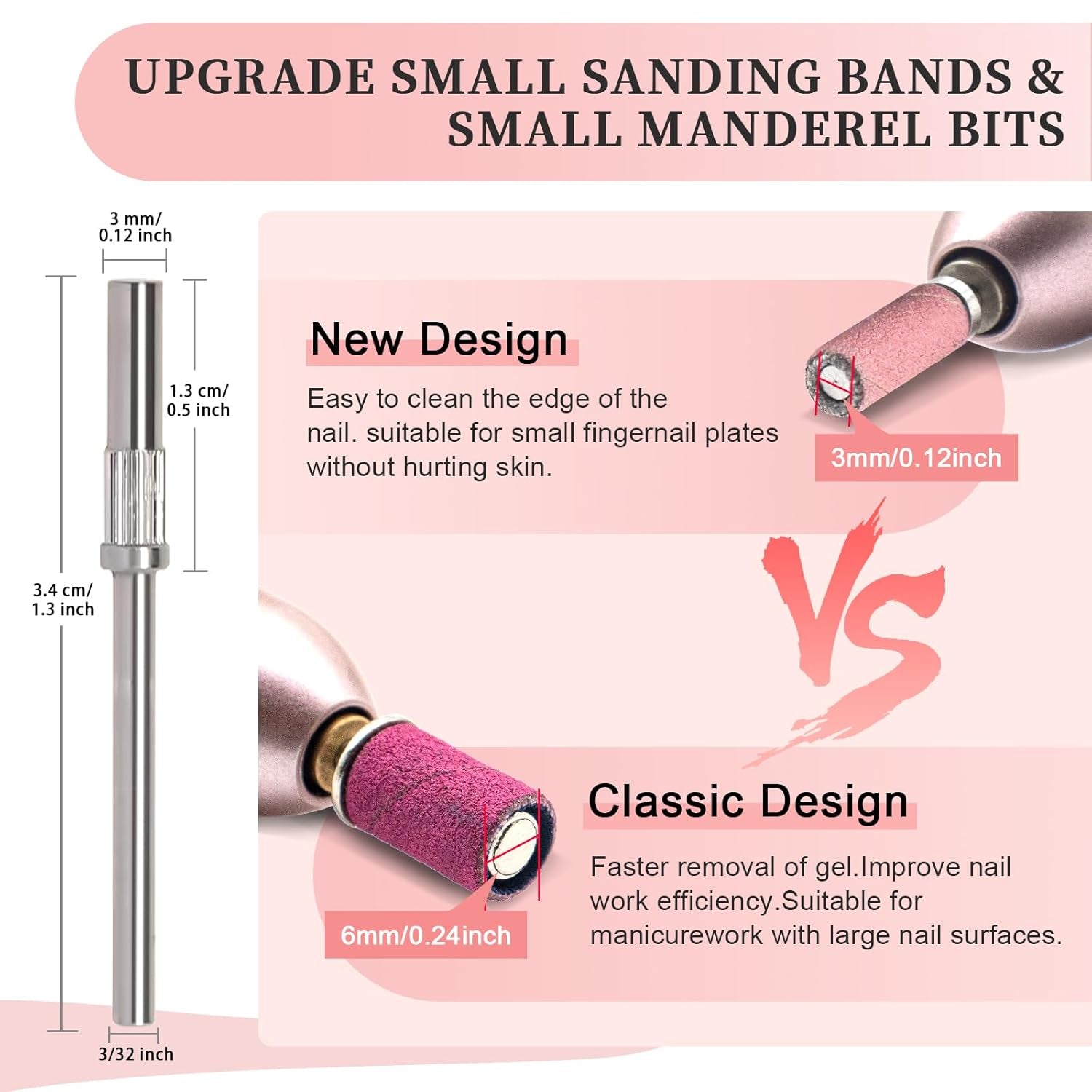 BLESWIN 100 bucăți benzi de șlefuit mici pentru burghie de unghii, granulație fină 240 cu 2 bucăți burghiu de 3 mm, mini benzi de șlefuit pentru lustruirea unghiilor naturale și curățarea cuticulelor pentru pregătire, roz