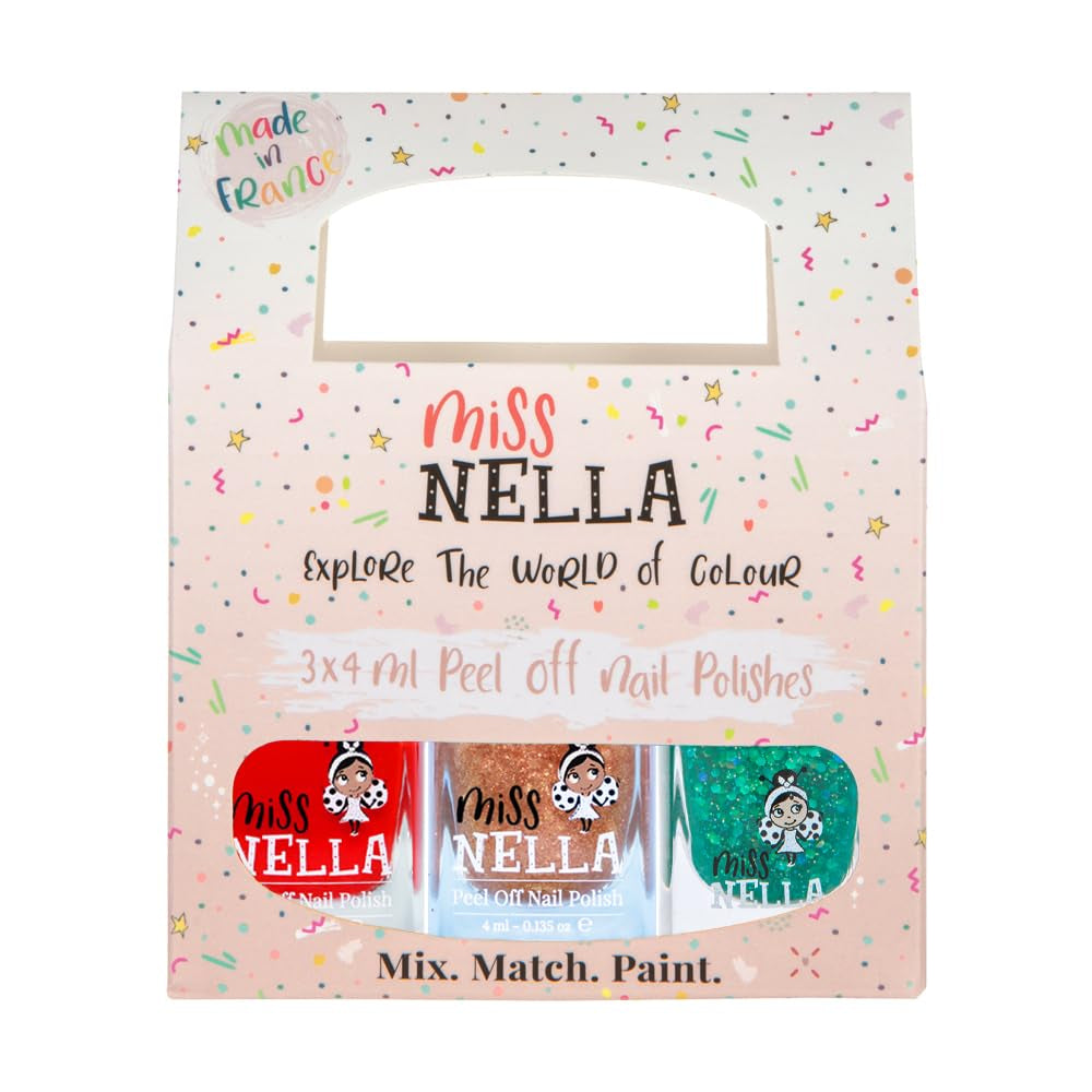 Miss Nella Magic Collection Juego de 4 esmaltes de uñas con purpurina: rosa, rojo, dorado y azul, esmalte de uñas extraíble especial para niños, no tóxico, a base de agua, inodoro