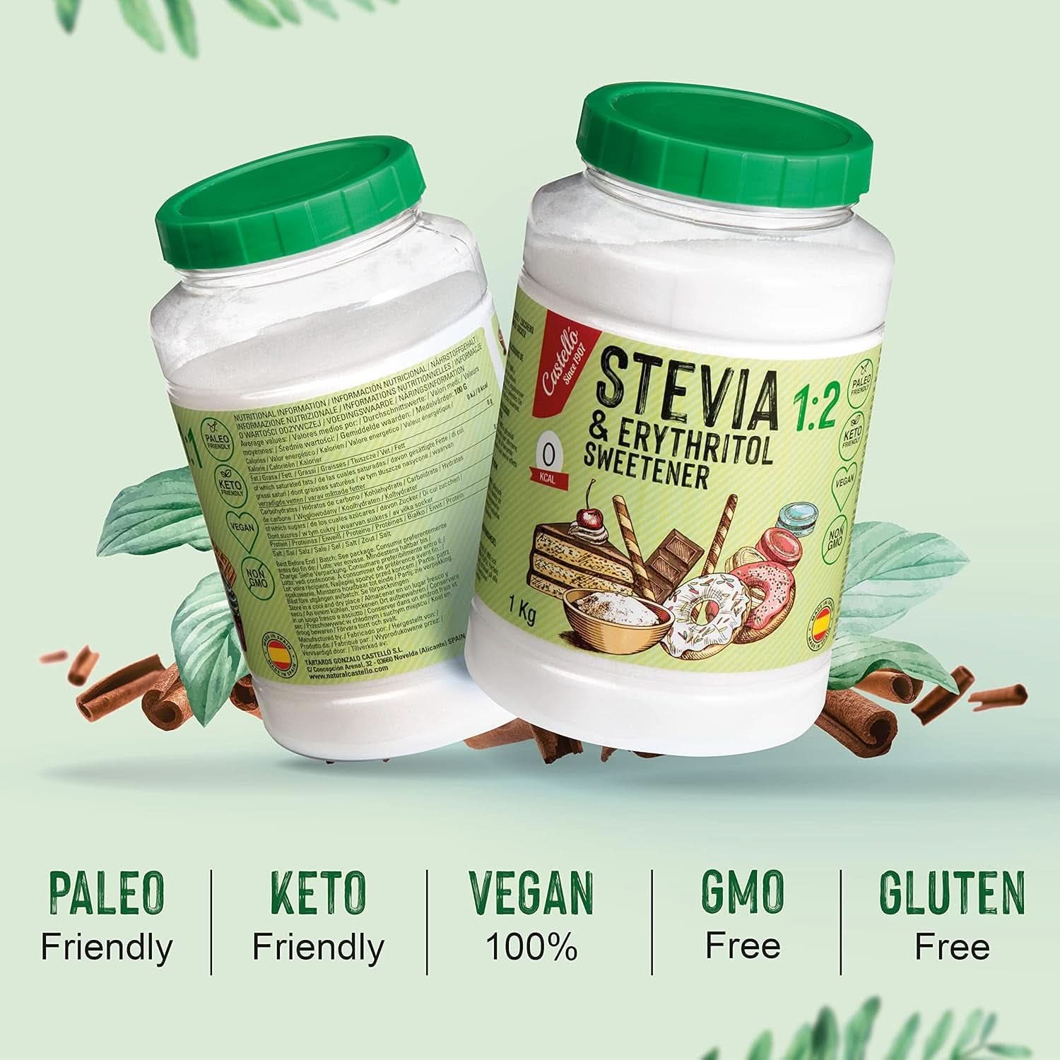 Stevia + Eritritol Edulcorante 1:2, 1G = 2G Azúcar, 1 Kg Edulcorantes Naty Shop