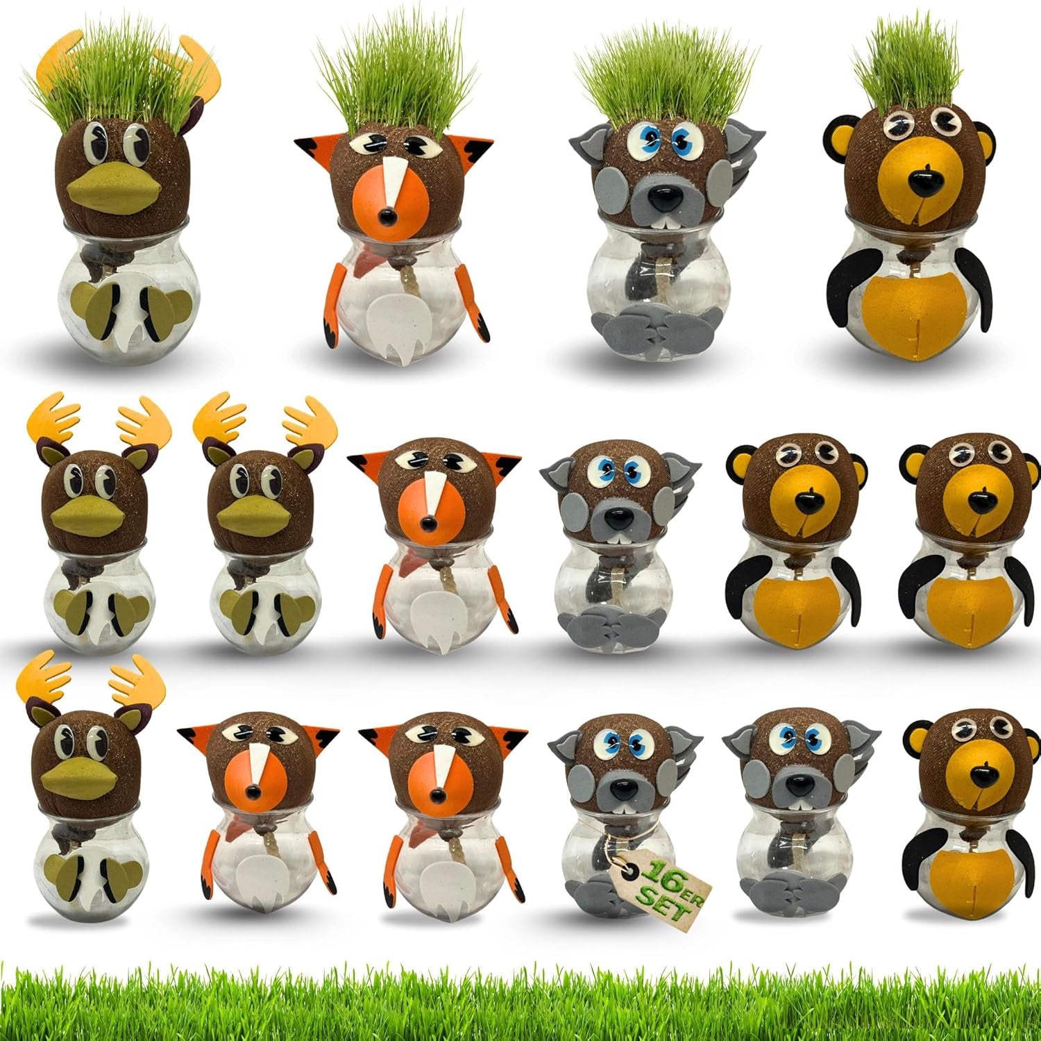 Bada Bing Graskopf Juego de 4 piezas incl. Wasserbehälter Waldtiere DIY Tiere – Rasenkopf Tierkopf mit Rasensamen – Experiment für Kinder – Spaß mit Lerneffekt – Geschenk Mitbringsel Kindergeburtstag Mitgebsel