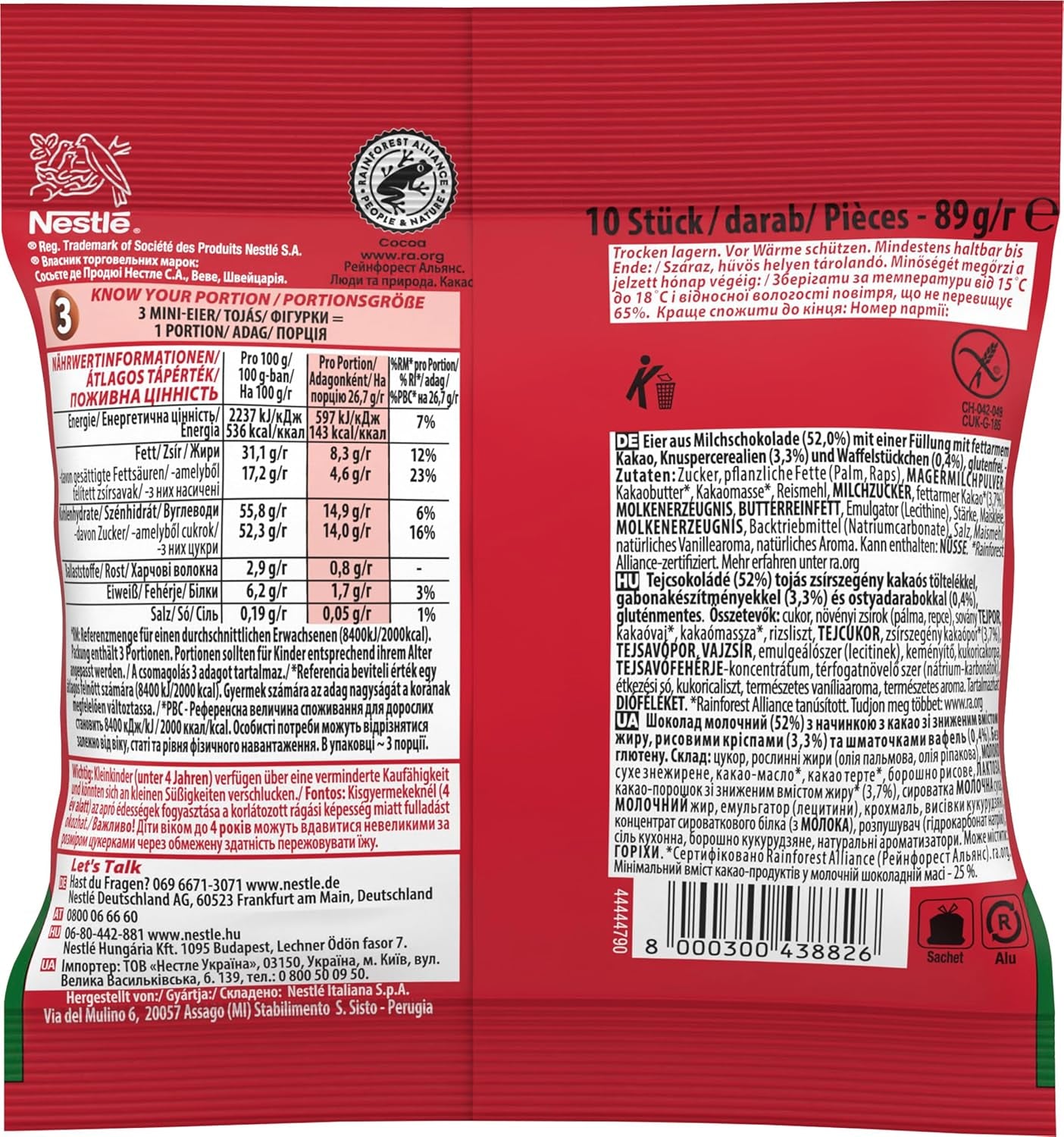 NESTLÉ Mini Eggs, pequeños huevos de chocolate con leche con relleno cremoso y trocitos crujientes, 1 paquete (1 x 89 g)