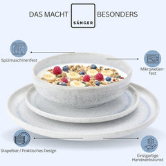 SÄNGER | Set de veselă Santorini cu 12 piese, set de farfurii pentru 4 persoane, evaluat FOARTE BUN, set de veselă din gresie, inclusiv farfurii de cină, farfurii de desert și farfurii de sumă, crem cu gradient liliac-albastru | COLECȚIA PREMIUM