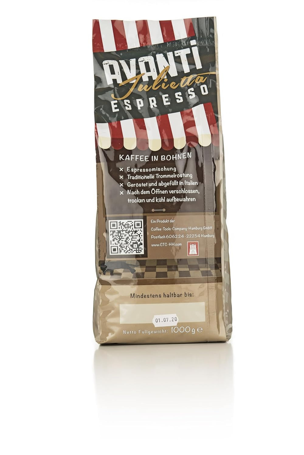 Avanti Espresso Julietta Beans, 1 pachet (1 x 1 kg) | Boabe de cafea espresso 1 kg, puternice și cu aciditate scăzută | Prăjire fină în tambur cu boabe de espresso Arabica și Robusta