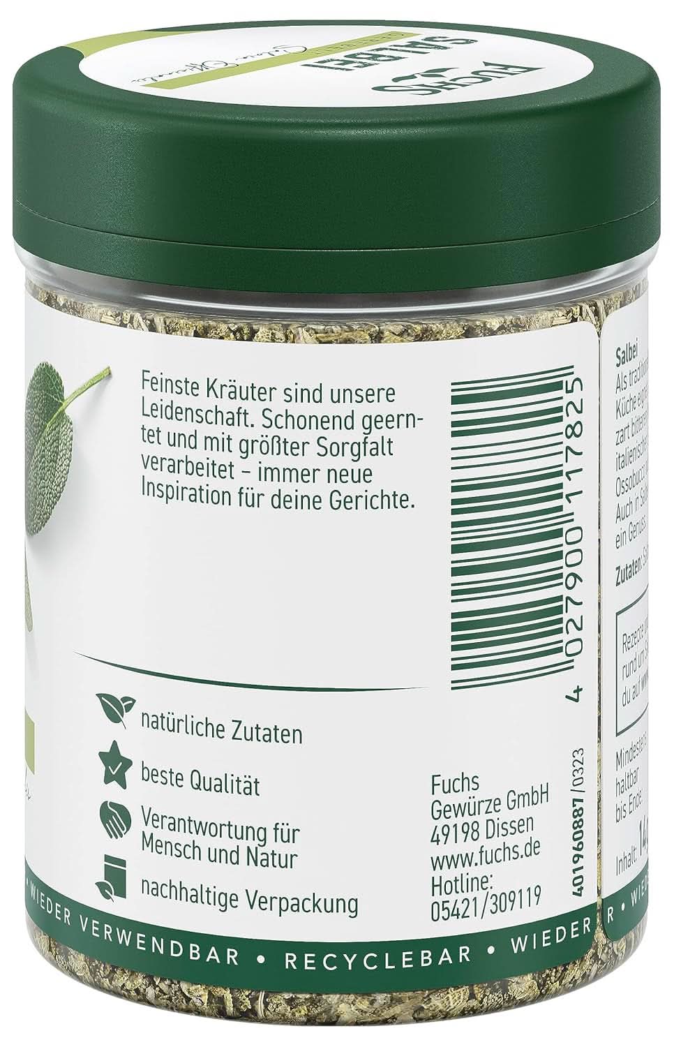 Fuchs, Salvia, Nota ácida, delicadamente amarga para Raviolis o Ñoquis, 14 gramos Condimentos Naty Shop