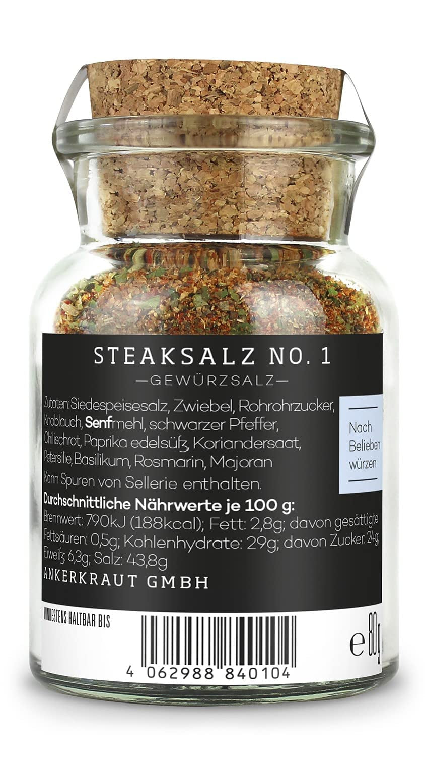 Ankerkraut Steaksalz No. 1, das perfekte Finisher- und Steakhouse-Salz, 80 g en Korkenglas