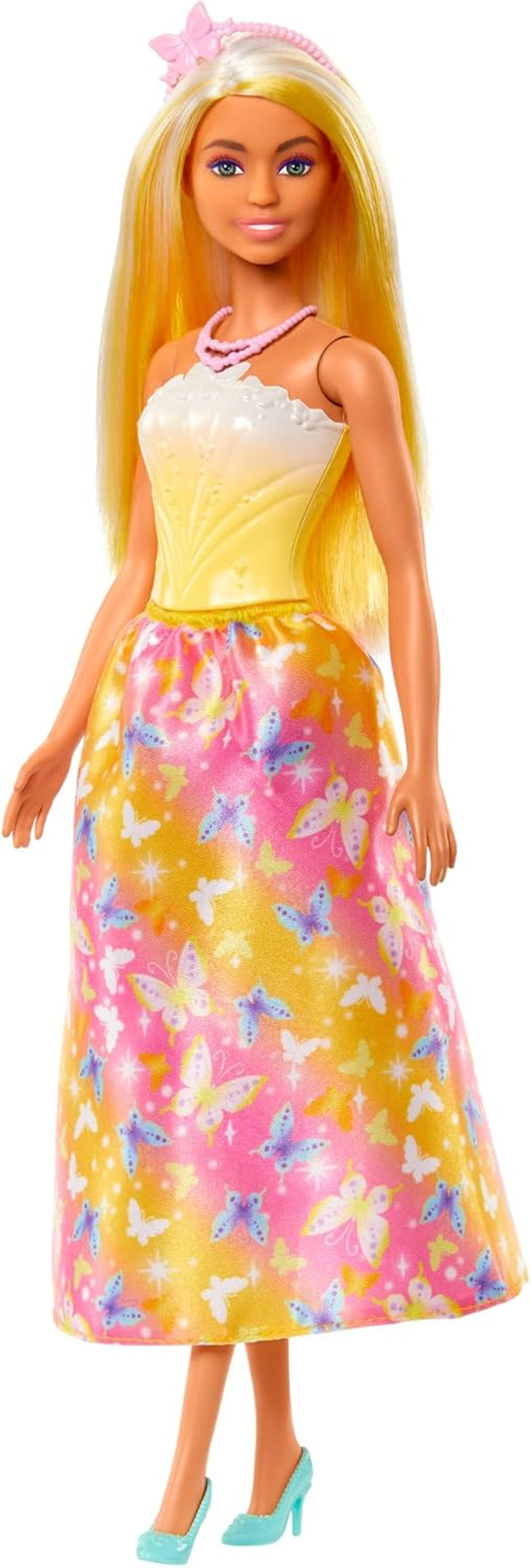 Păpușă Barbie Royal cu păr fantezist cu șuvițe colorate, accesorii colorate, top galben cu gradient și fustă cu model fluture, HRR09 Papusi Naty Shop