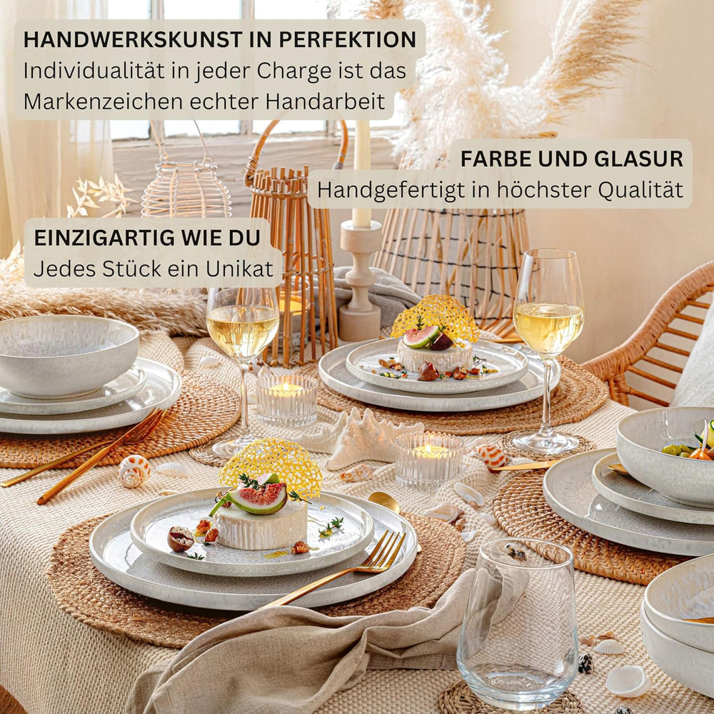 SÄNGER | Set de veselă Corfu cu 24 de piese, serviciu de cină pentru 8 persoane, ceramică lucrată manual, set de farfurii care include farfurii de cină, farfurii de desert și farfurii de sumă, veselă de culoare crem cu textură nisipoasă