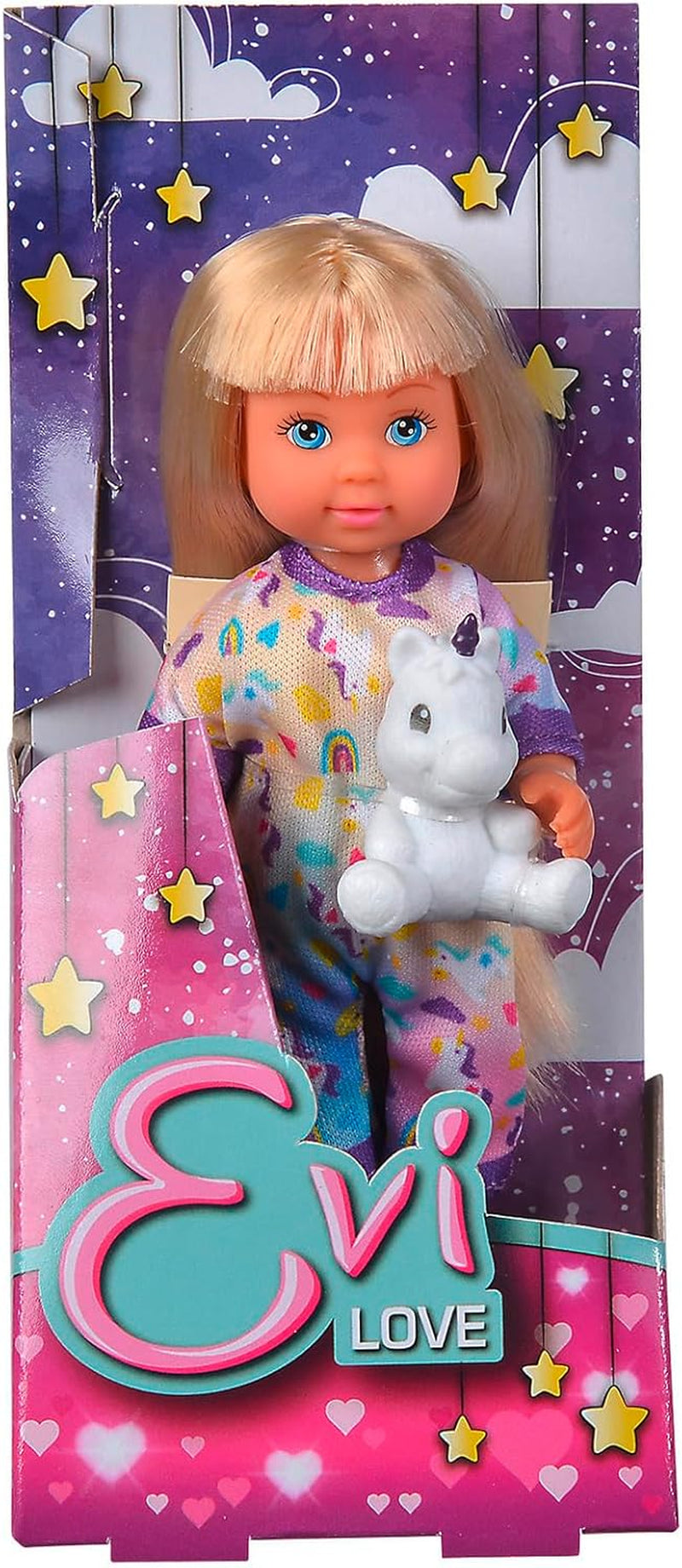 Pijama Simba Evi Love, 3 culori asortate, livrat doar un articol, păpușă în pijama drăguță cu jucărie de pluș unicorn, păpușă de joacă 12 cm, vârste 3+