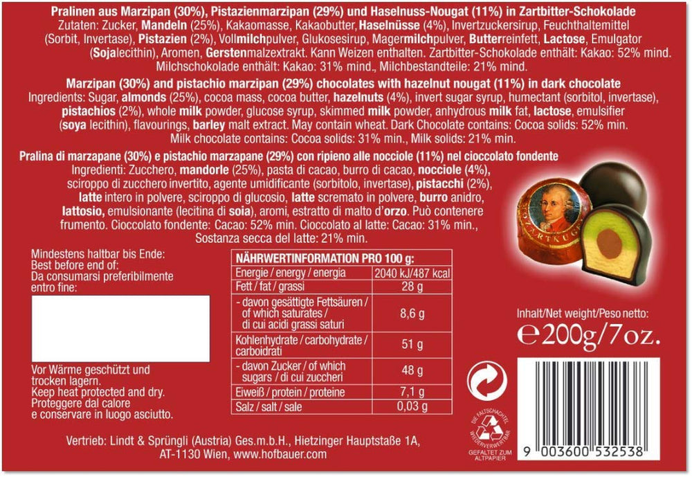 Hofbauer Viena, Mozartkugeln 200 g, chocolate negro