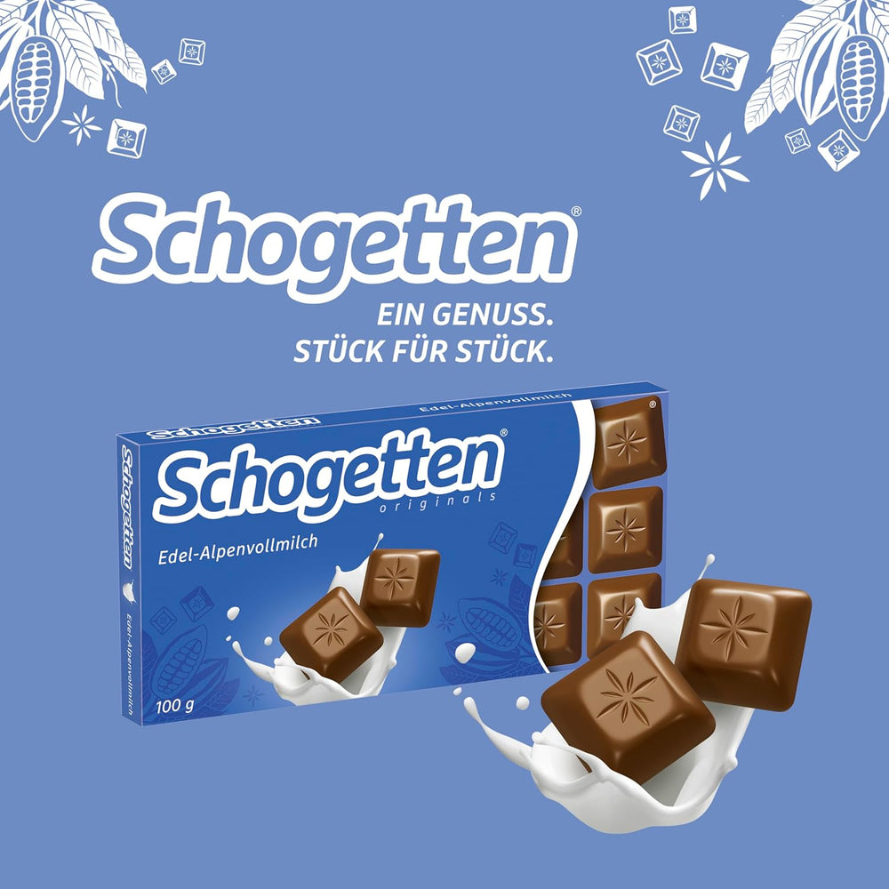 Barra de chocolate con leche Schogetten Premium Alpine, 100 g, en porciones individuales. Una delicia. Pieza por pieza.