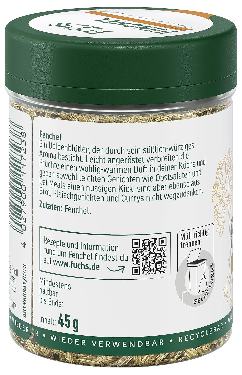 Fuchs Gewürze - Hinojo ganz - dulce-würziges Aroma für Obstsalate, Oat-Meals oder Curry - ingredientes naturales - 45 g en wiederverwendbarer, recyclebarer Dosis
