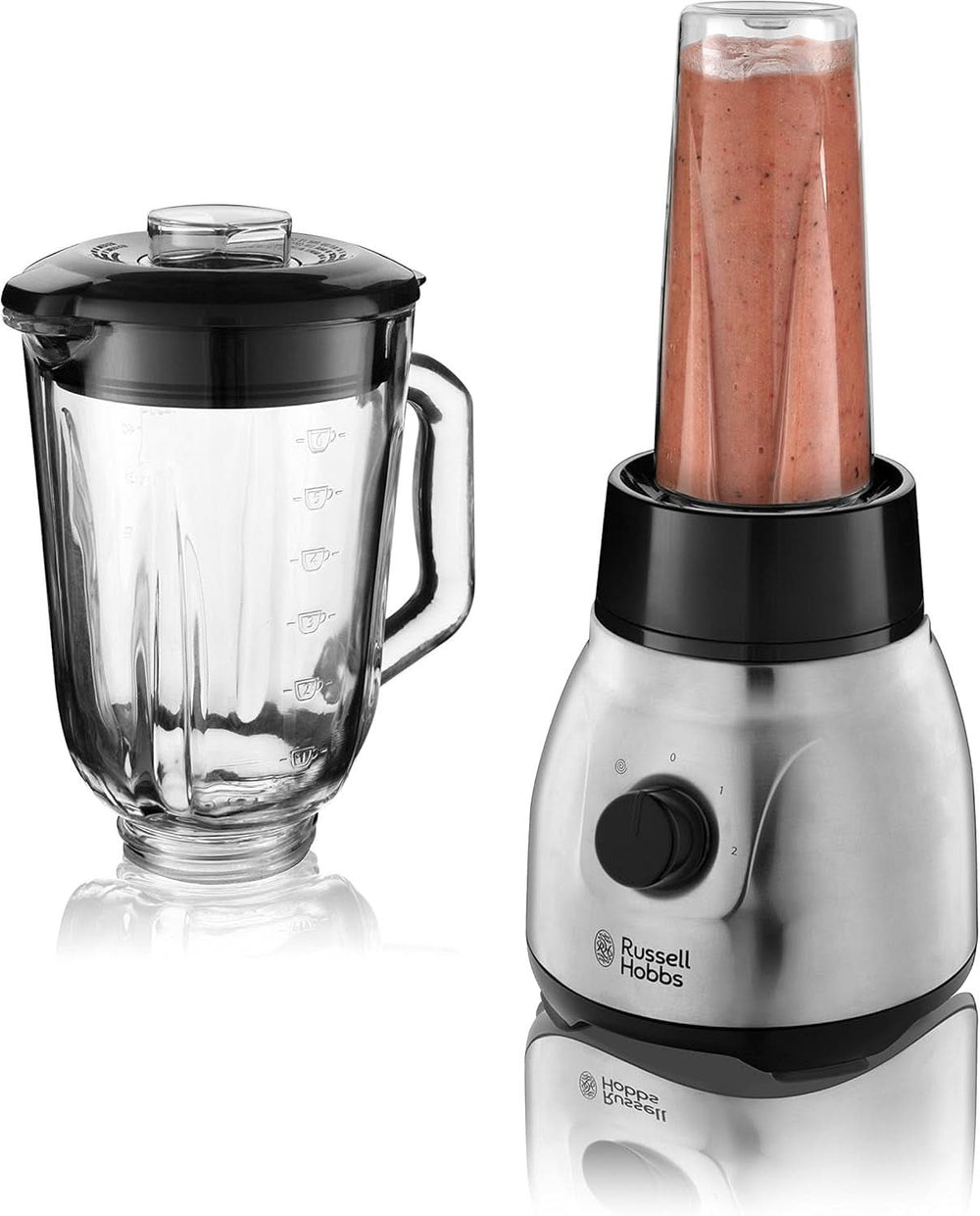 Russell Hobbs Batidora con base 2 en 1 [batidora con vaso de vidrio de 1,5 l y mini batidora de 0,6 l - To-Go-Trinkflasche Inkl. Deckel] Spülmaschinenfest, Función Impuls-/Ice-Crush, Becher BPA Frei, Edelstahl 23821-56 Cocina Naty Shop