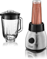 Russell Hobbs Batidora con base 2 en 1 [batidora con vaso de vidrio de 1,5 l y mini batidora de 0,6 l - To-Go-Trinkflasche Inkl. Deckel] Spülmaschinenfest, Función Impuls-/Ice-Crush, Becher BPA Frei, Edelstahl 23821-56 Cocina Naty Shop