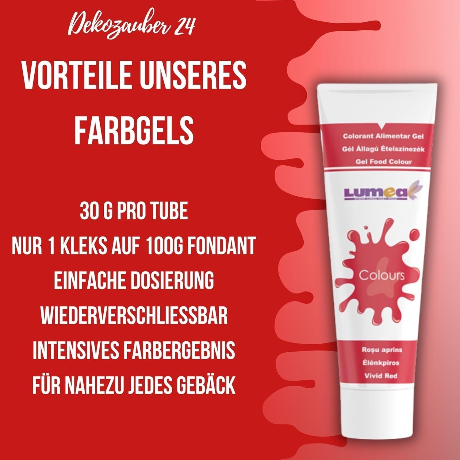 Dekozauber24 Colorant alimentar roșu, gel, 30g, vegan, fără zahăr, foarte concentrat, colorant alimentar roșu pentru fondant, cremă de unt, băuturi și multe altele