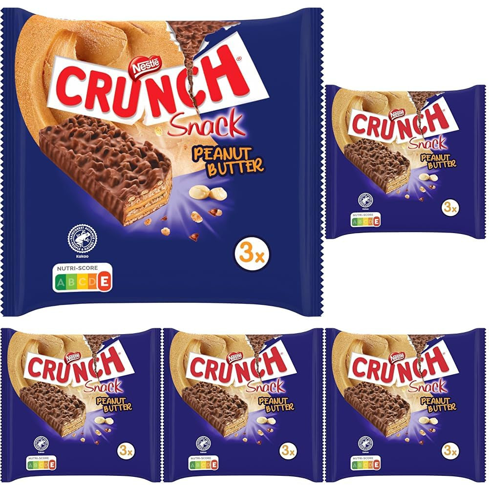 Barras de mantequilla de maní Nestlé Barra de chocolate con cereales y mantequilla de maní crujiente, paquete de 5 (3 x 31 g cada una)