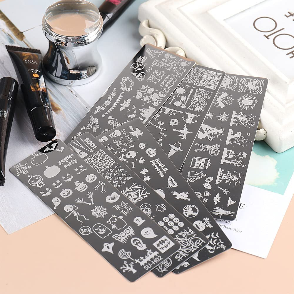 JMEOWIO Nagel Stamping Schablone Halloween 6 Stück Nagelstempel Schablone Nail Art Dekoration Nageldesign Zubehör Böse Gruselige Kürbis-Geisterhexe
