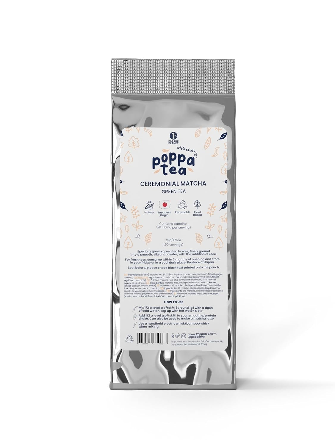 Poppatea Matcha Tea - Ceremonial - Frunze de ceai verde japonez (pungă de reumplere de 50 g, Matcha cu Chai)