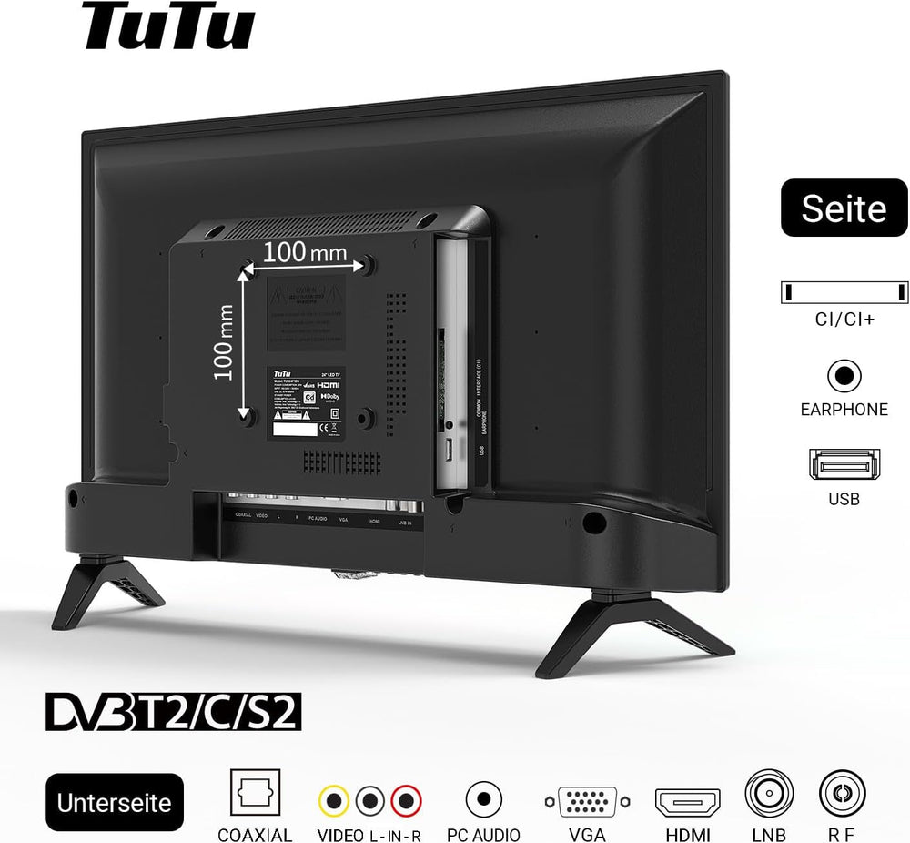 Televizor LED HD TuTu de 24 de inci (60 cm) cu tuner triplu (DVB-T/T2-CS/S2), player media USB, HDMI, VGA, CI/CI+, mod hotel (2024, 220 volți)
