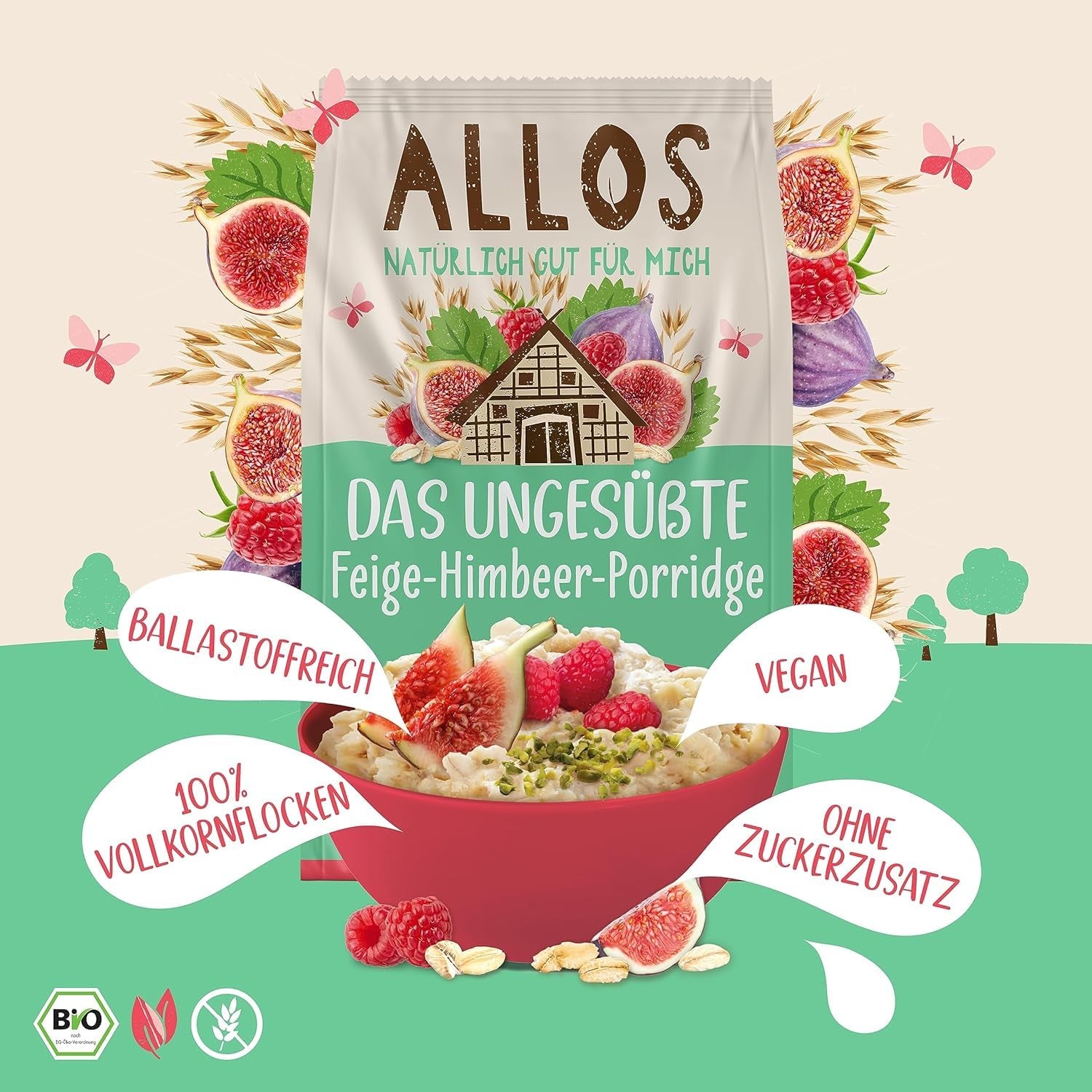 Gachas de Allos de higos y frambuesas sin azúcar | Gachas sin azúcar | Muesli orgánico | Muesli con frutas | Avena | Gachas de avena para el desayuno | Cereales para el desayuno | Vegano | Paquete de 6 (6 x 500 g)