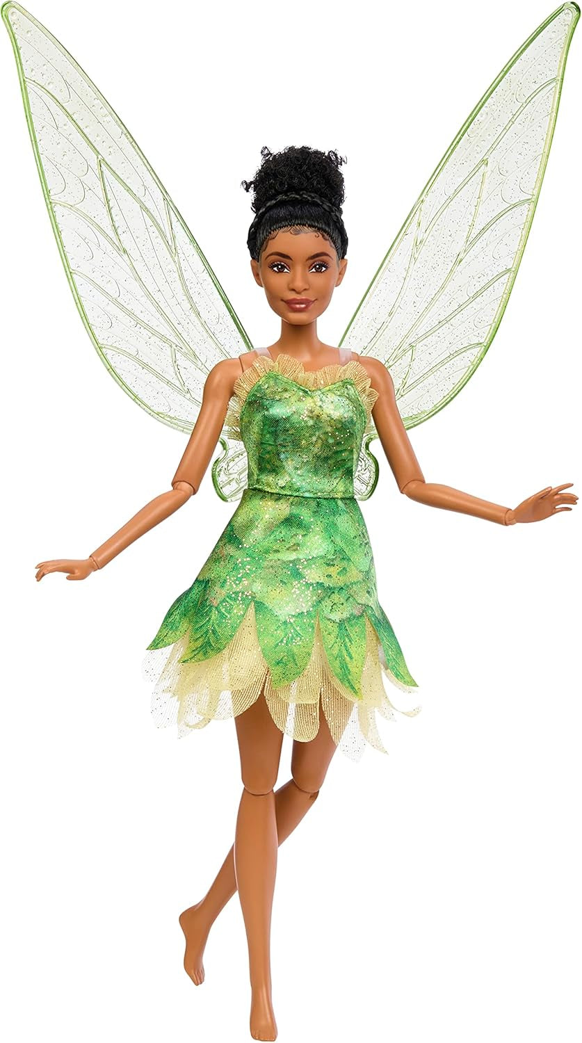 Păpușa Disney Peter Pan și Wendy Tinker Bell cu aripi mobile și rochie verde, inspirată din film, cadou pentru copii pentru a reconstitui scene sau propriile aventuri, HNY37