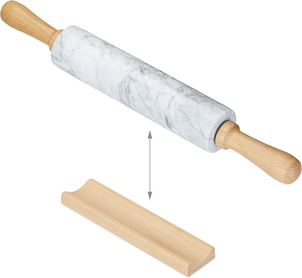 Relaxdays Nudelholz Marmor, Griffe aus Holz, Teigroller zum Kochen & Backen, mit Ablage, 48 cm, schwere Backrolle, blanco
