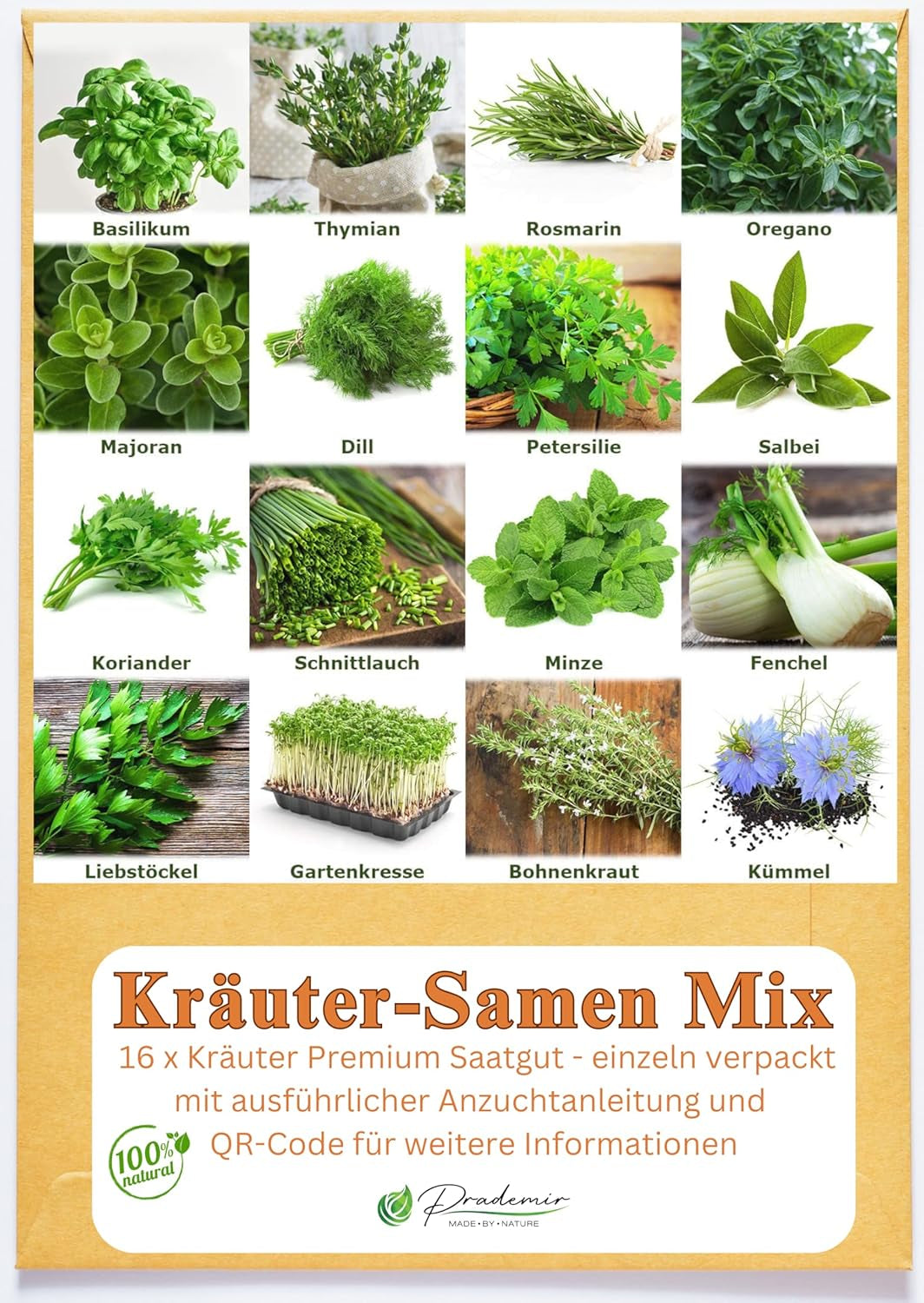 Prademir – Kräutersamen Set aus 16 beliebten Küchenkräutern – Kräuter Anzuchtset mit 100% Natursamen aus Portugal – Kräuter Saatgut con orégano, tomillo, mejorana, rosamarina, eneldo, albahaca, salvia uvm