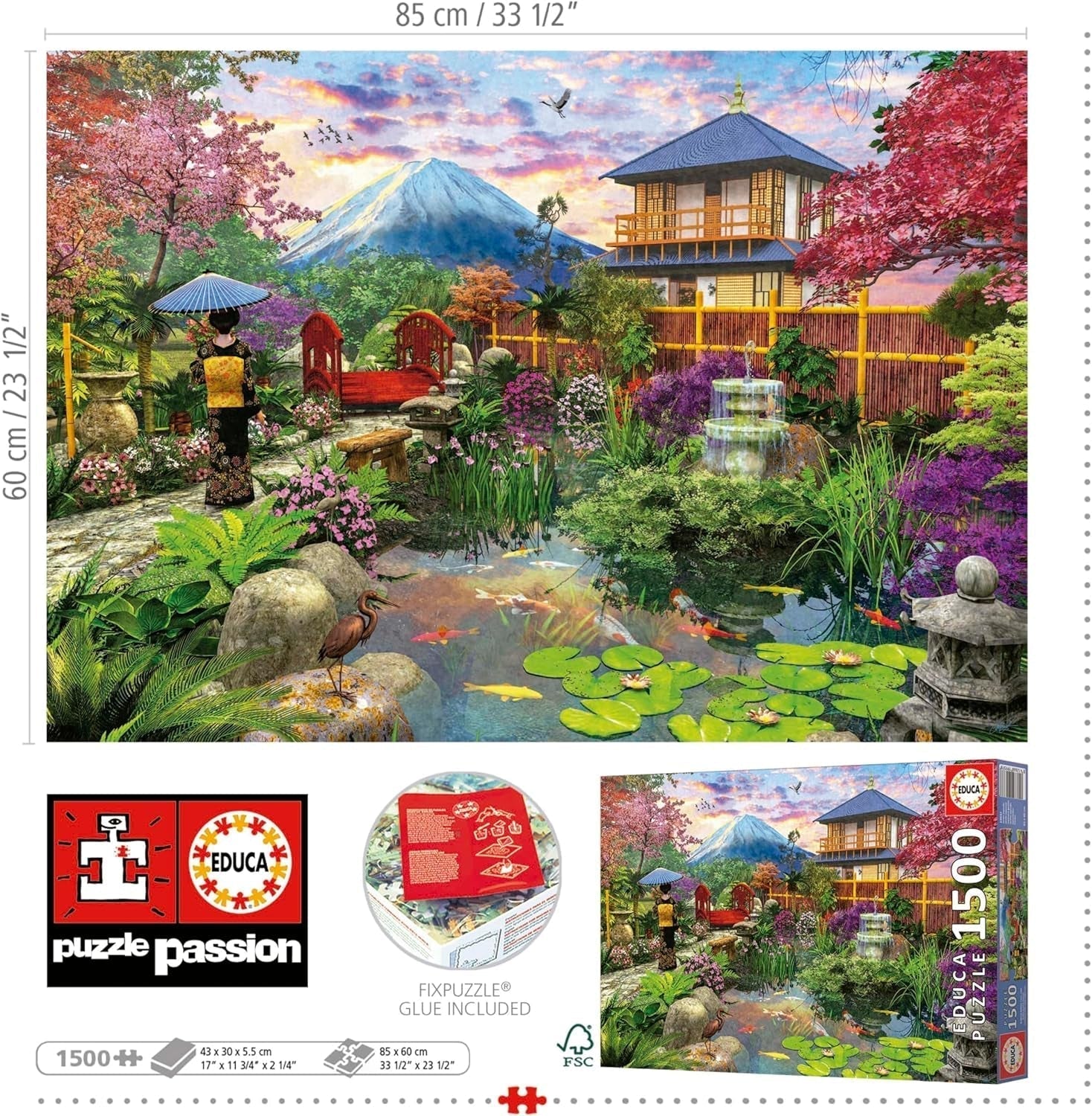Educa - Puzzle de 1500 piezas para adultos | El jardín japonés. Dimensiones: 85 X 60 cm. Incluye pegamento para rompecabezas Fixpuzzle. Durante 14 años (19937) Puzzle Naty Shop
