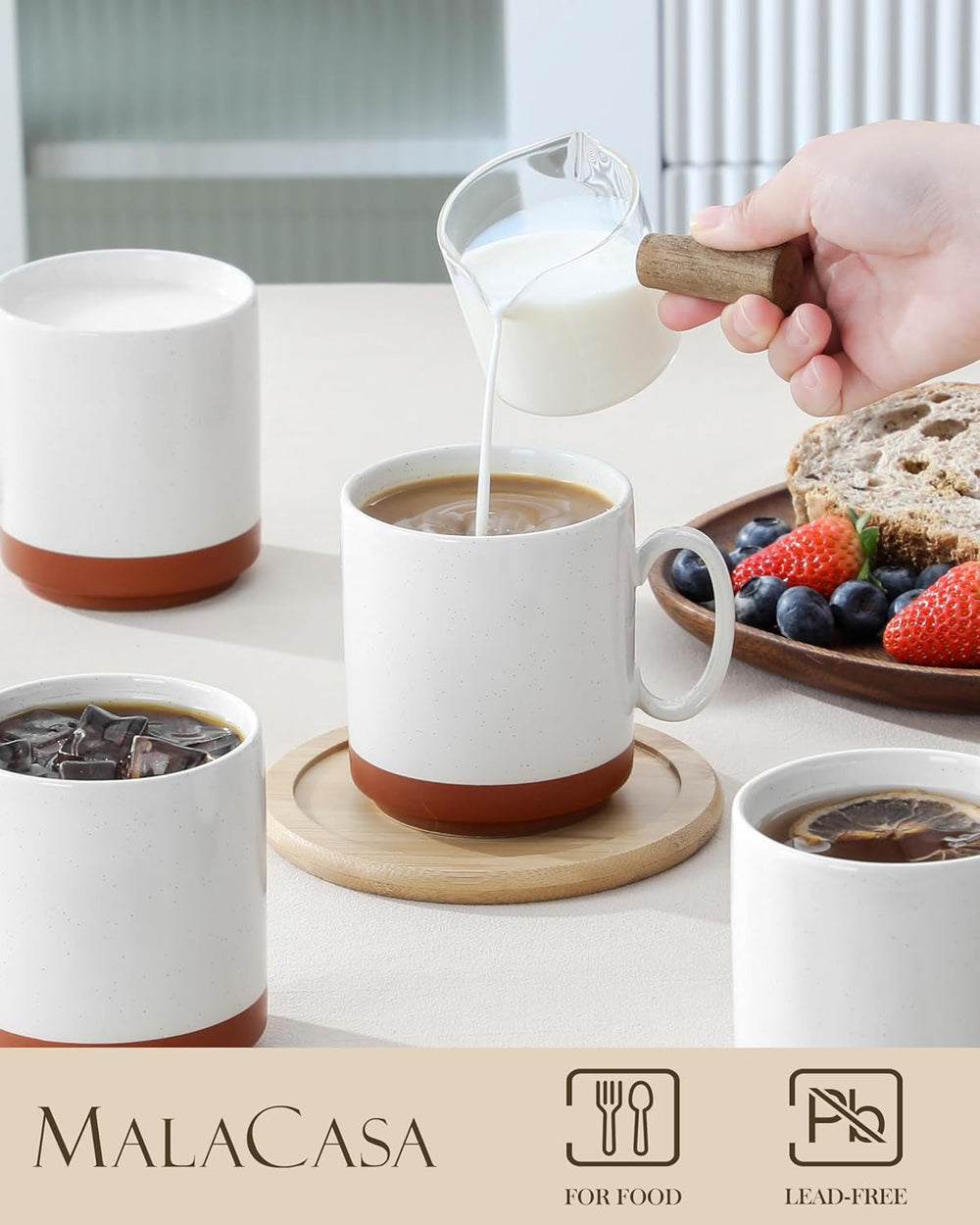 Set de căni de cafea MALACASA, set de cești din gresie 350 ml pentru 4 persoane, cești de cafea moderne pentru ceai, suc, latte, cappuccino, ciocolată caldă. Se poate spăla în mașina de spălat vase și la cuptorul cu microunde, seria TARA, alb kaki