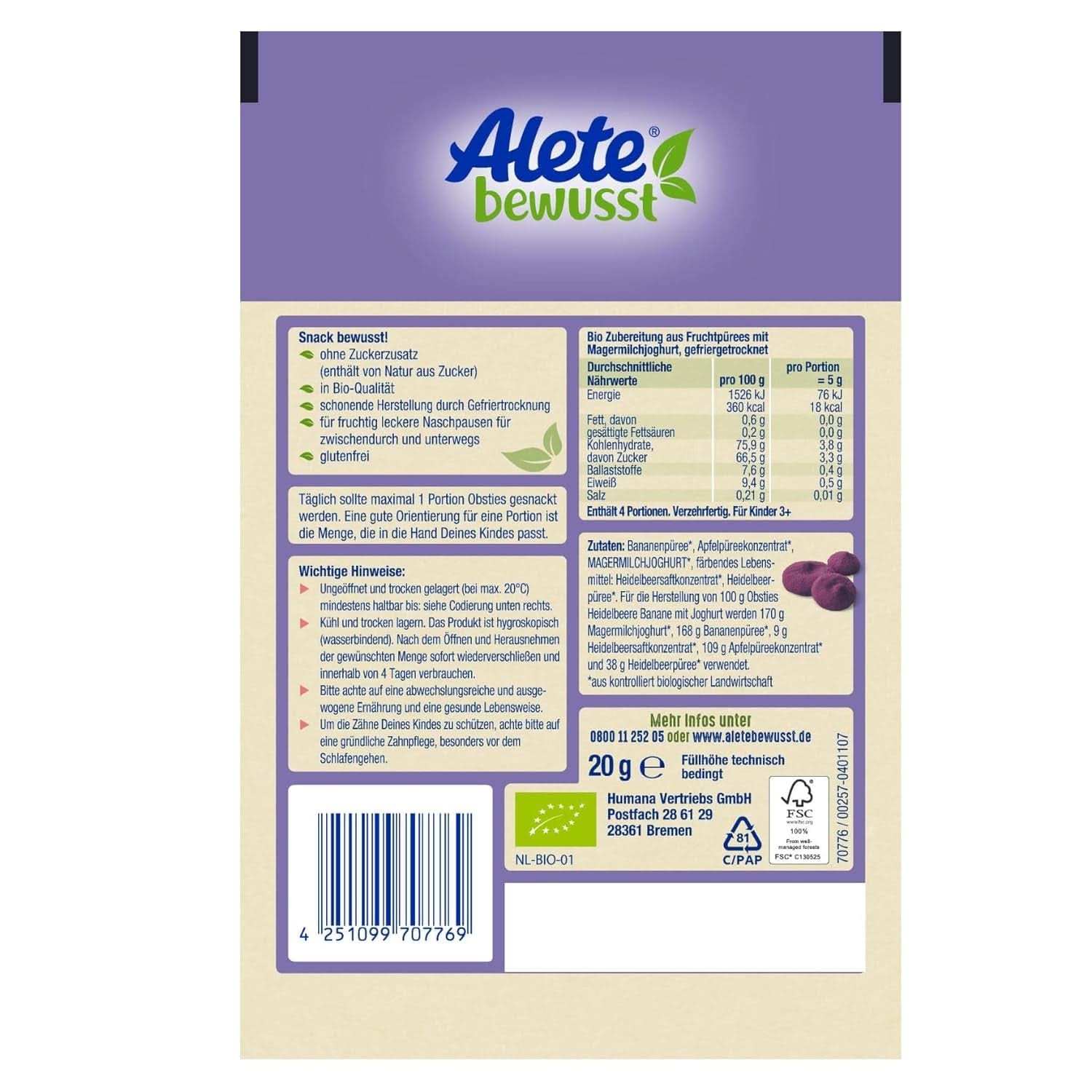 Otros Bewusst Obsties, Arándanos y Plátano con Yogur, A partir de 3 años, chips de frutas ecológicas liofilizadas, 20 gramos Madre e Hijo Naty Shop